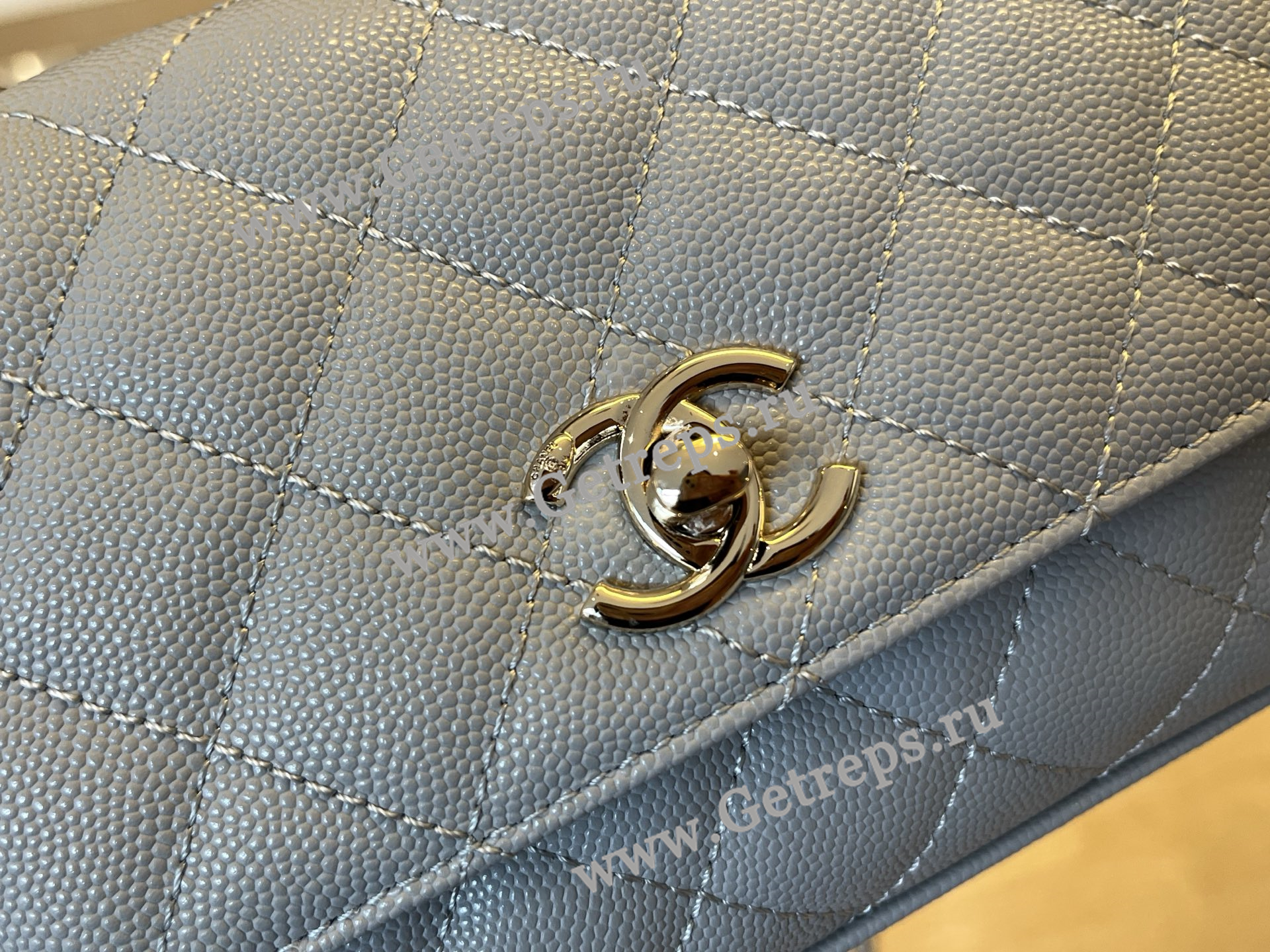 Chanel COCO Top Handle Handbag Light Blue Grained Calfskin 19cm