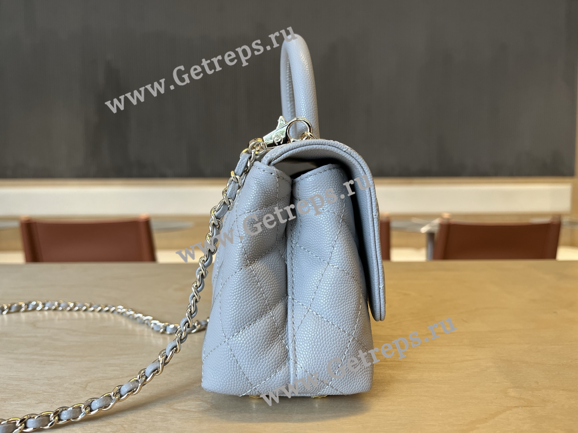 Chanel COCO Top Handle Handbag Light Blue Grained Calfskin 19cm