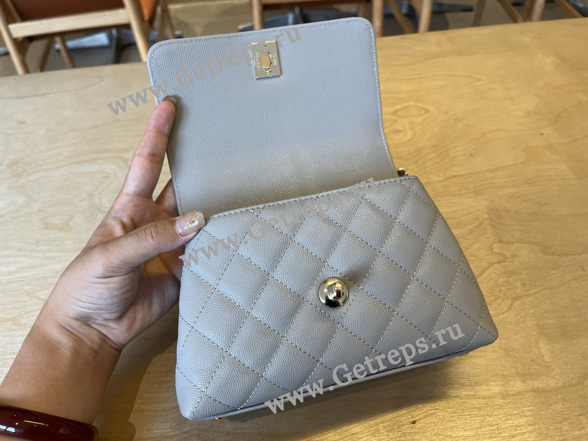 Chanel COCO Top Handle Handbag Light Blue Grained Calfskin 19cm