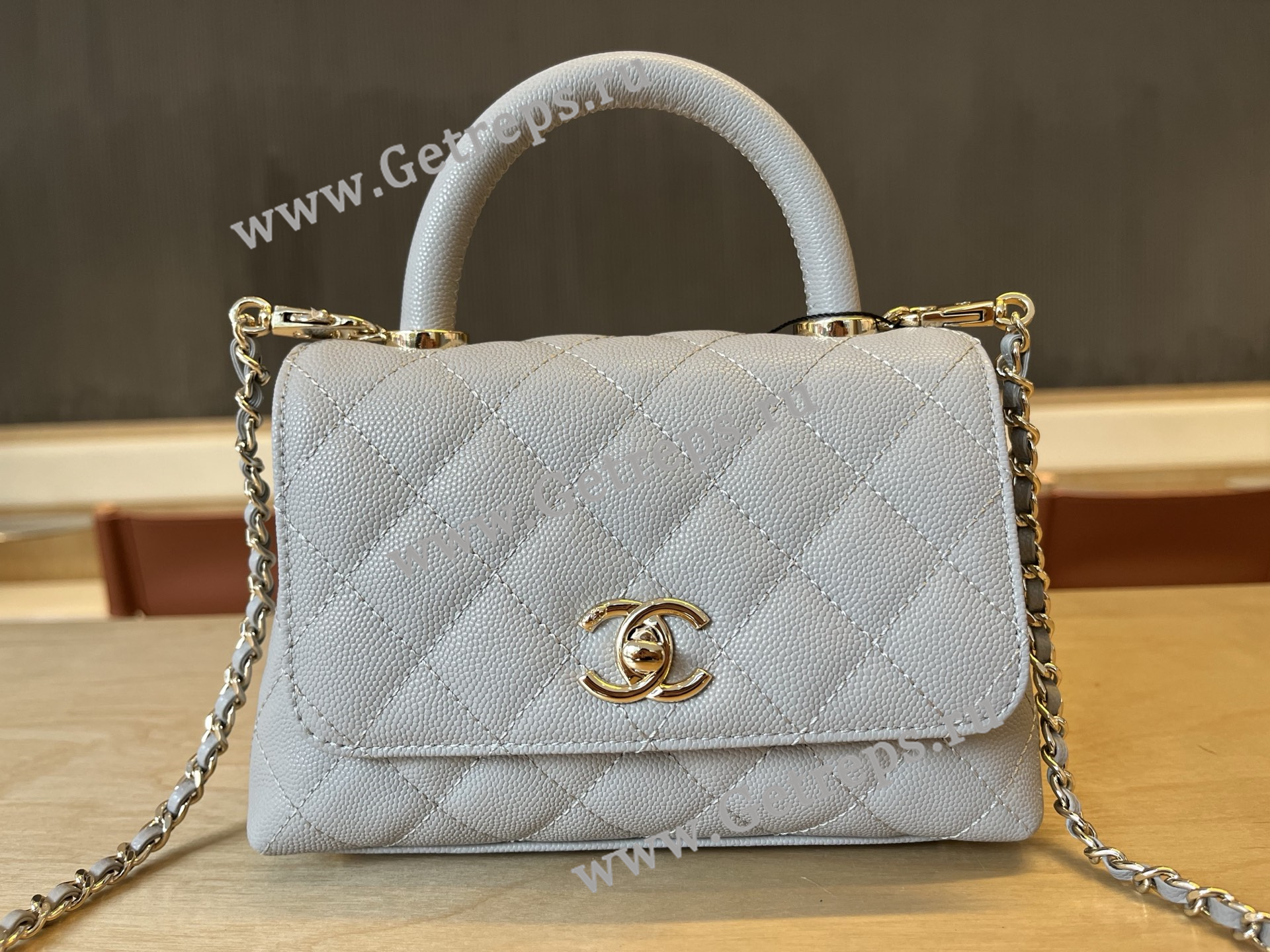Chanel COCO Top Handle Handbag Light Blue Grained Calfskin 19cm