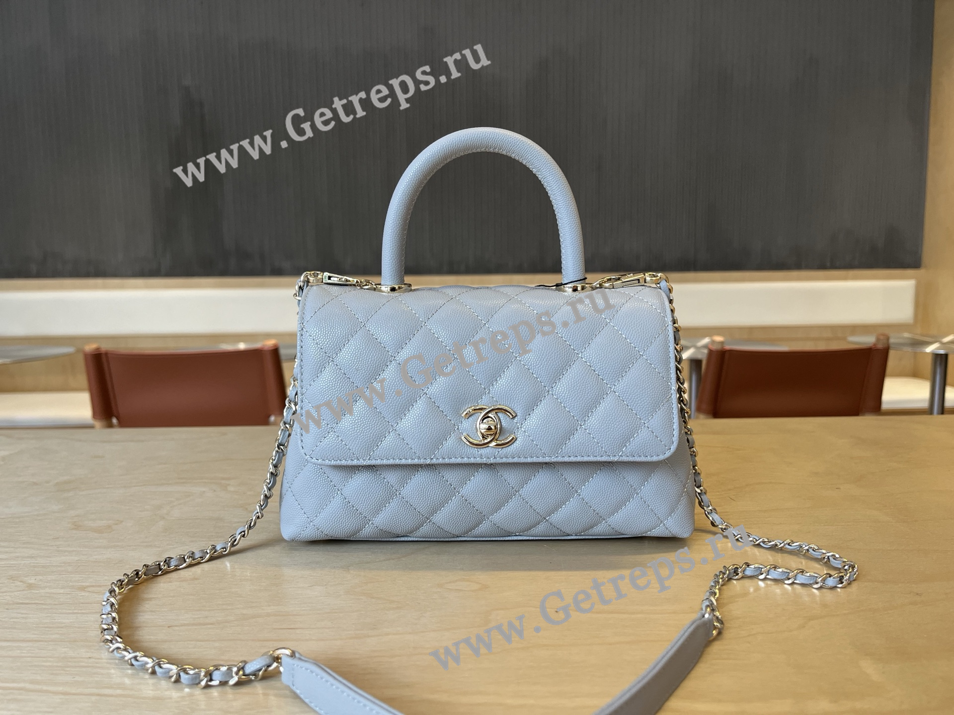 Chanel COCO Top Handle Handbag Light Blue Grained Calfskin 23cm