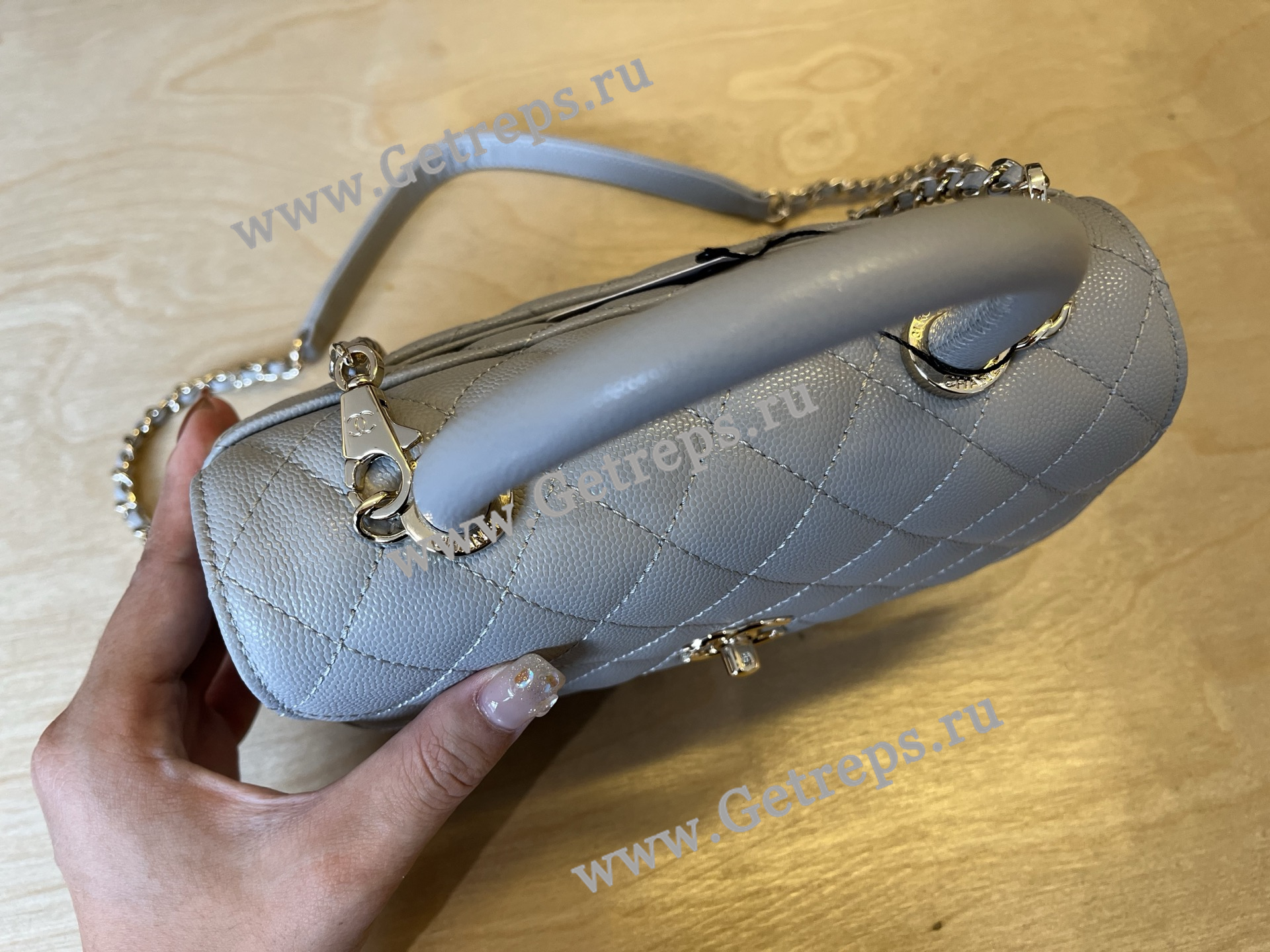 Chanel COCO Top Handle Handbag Light Blue Grained Calfskin 23cm