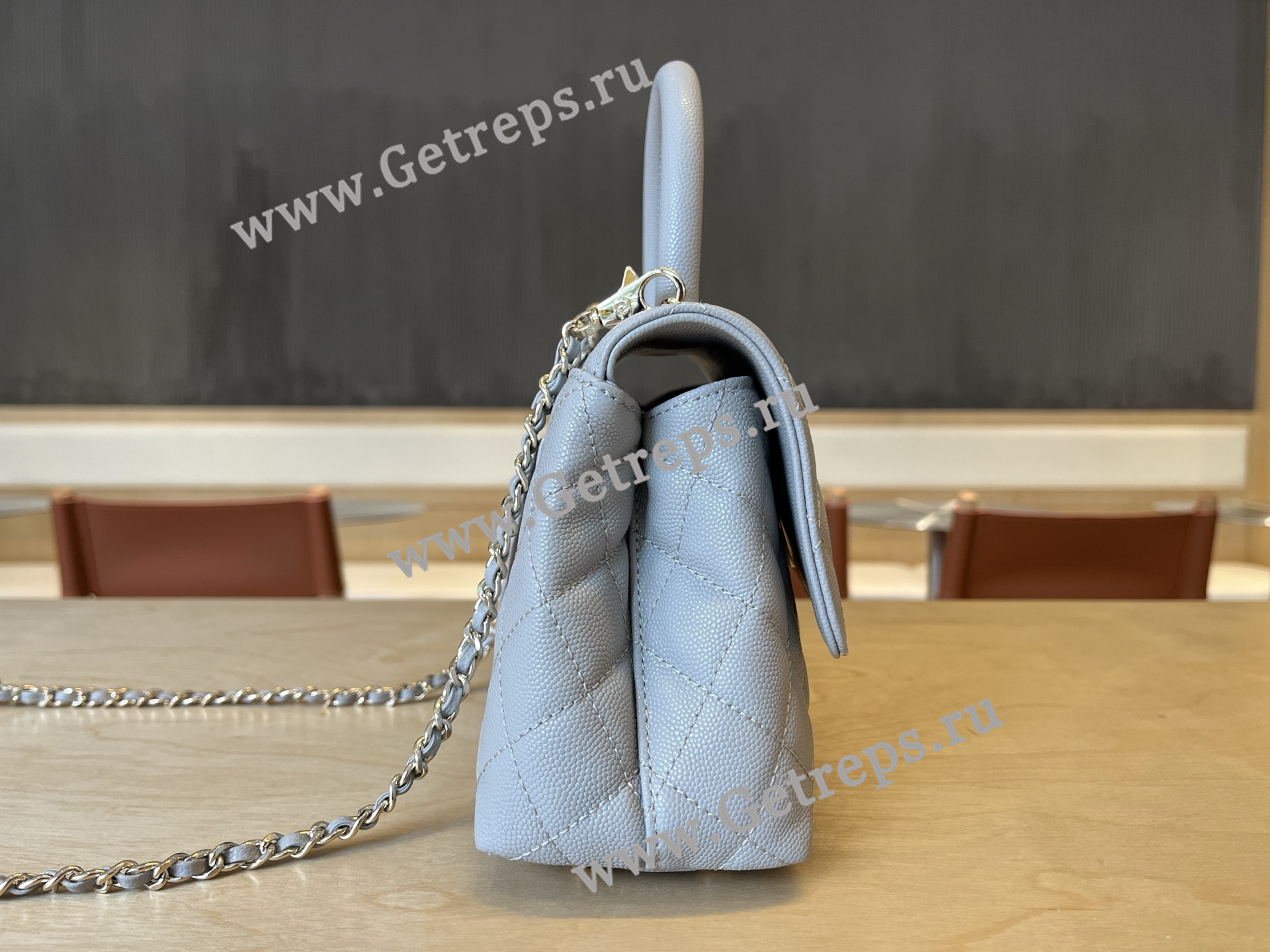 Chanel COCO Top Handle Handbag Light Blue Grained Calfskin 23cm