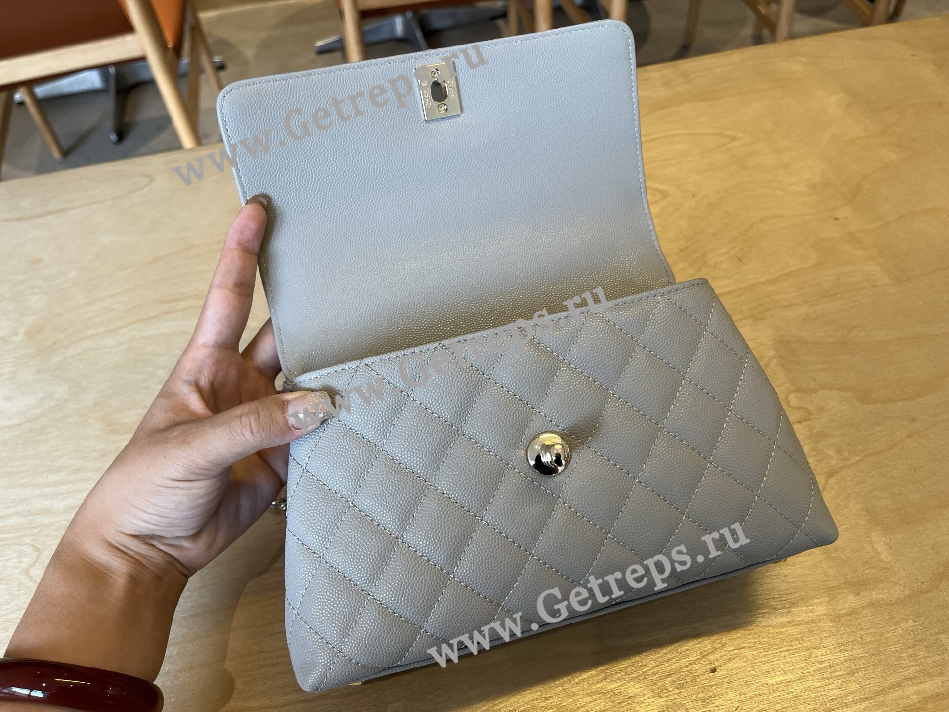 Chanel COCO Top Handle Handbag Light Blue Grained Calfskin 23cm