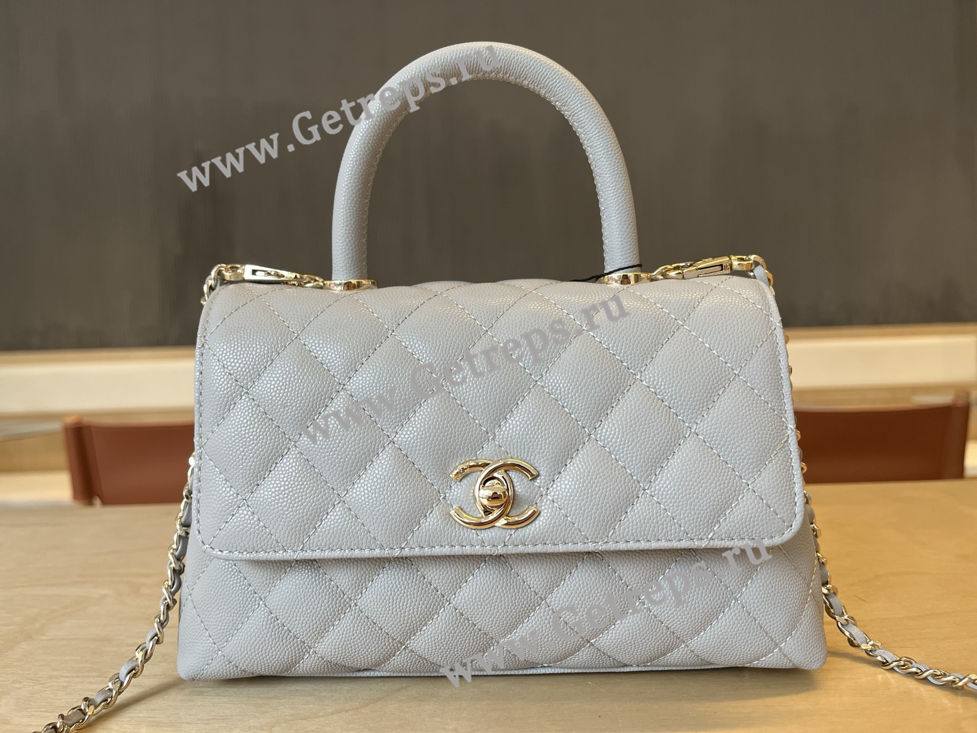Chanel COCO Top Handle Handbag Light Blue Grained Calfskin 23cm