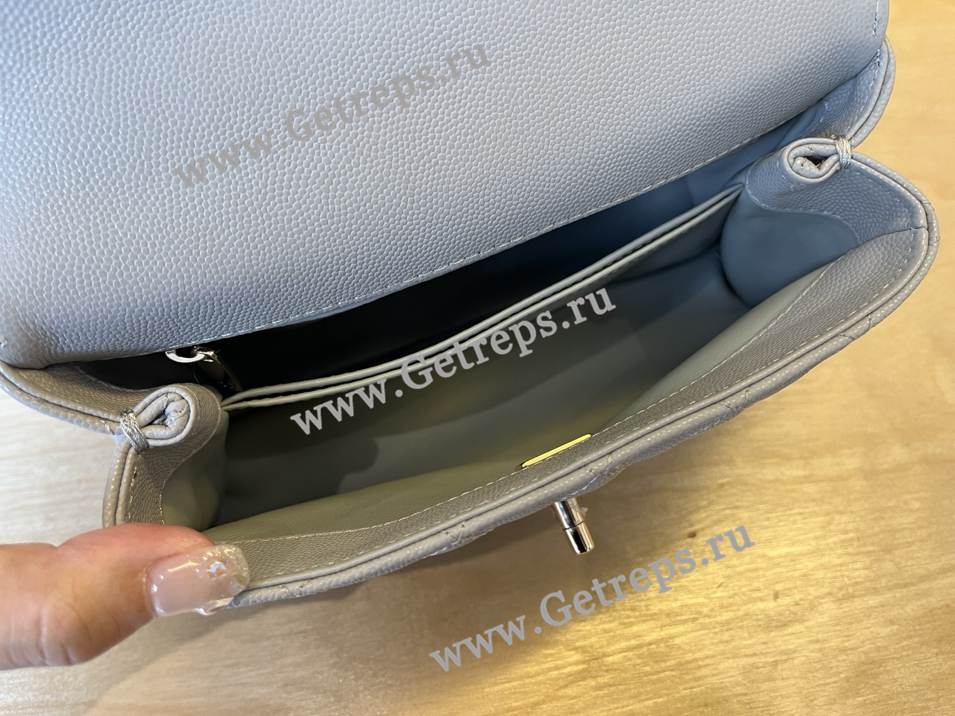 Chanel COCO Top Handle Handbag Light Blue Grained Calfskin 23cm