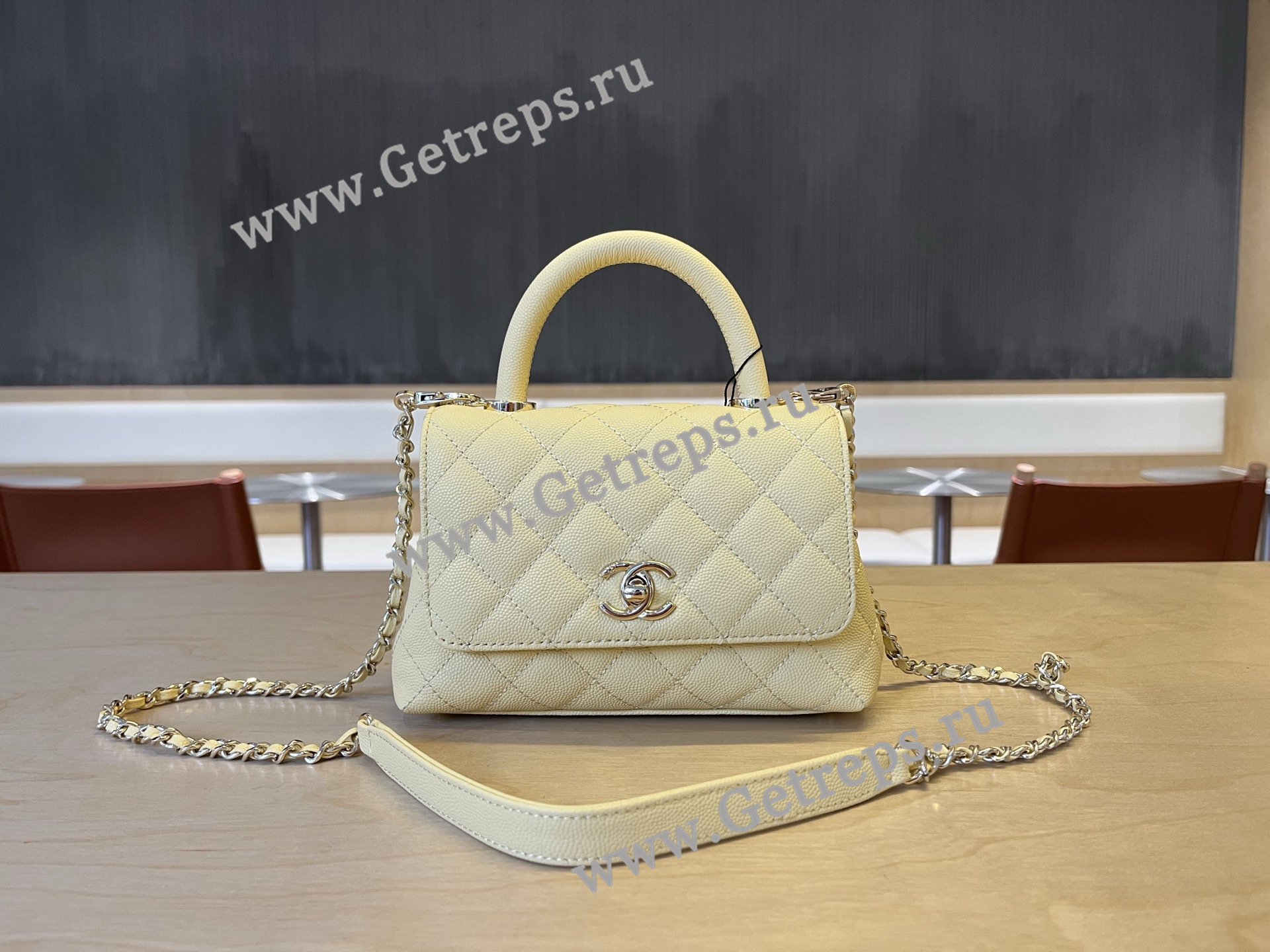 Chanel COCO Top Handle Handbag Light Yellow Grained Calfskin 19cm