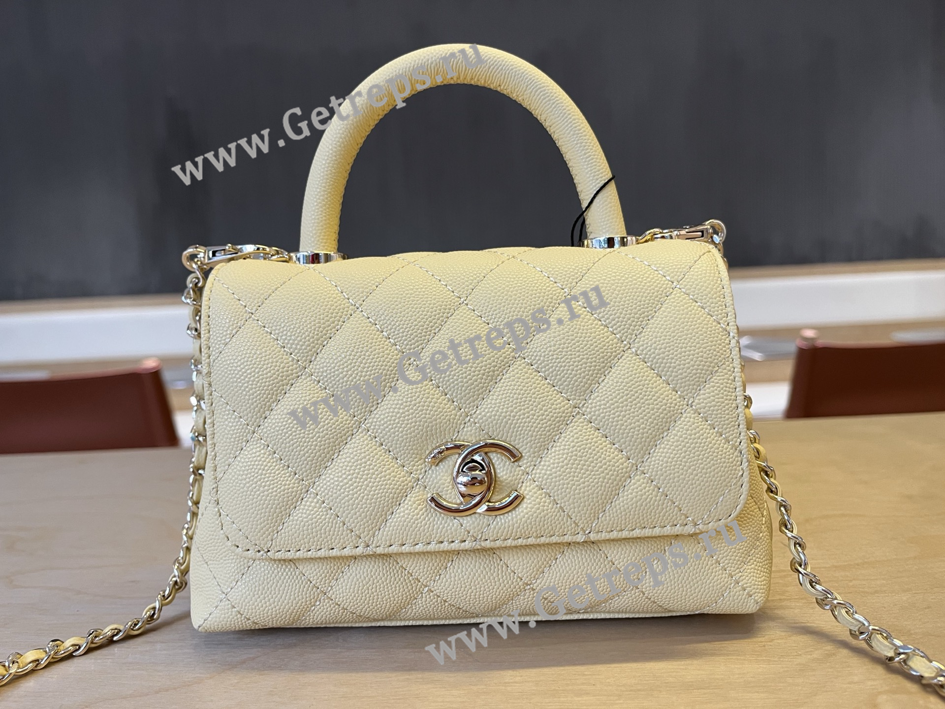 Chanel COCO Top Handle Handbag Light Yellow Grained Calfskin 19cm