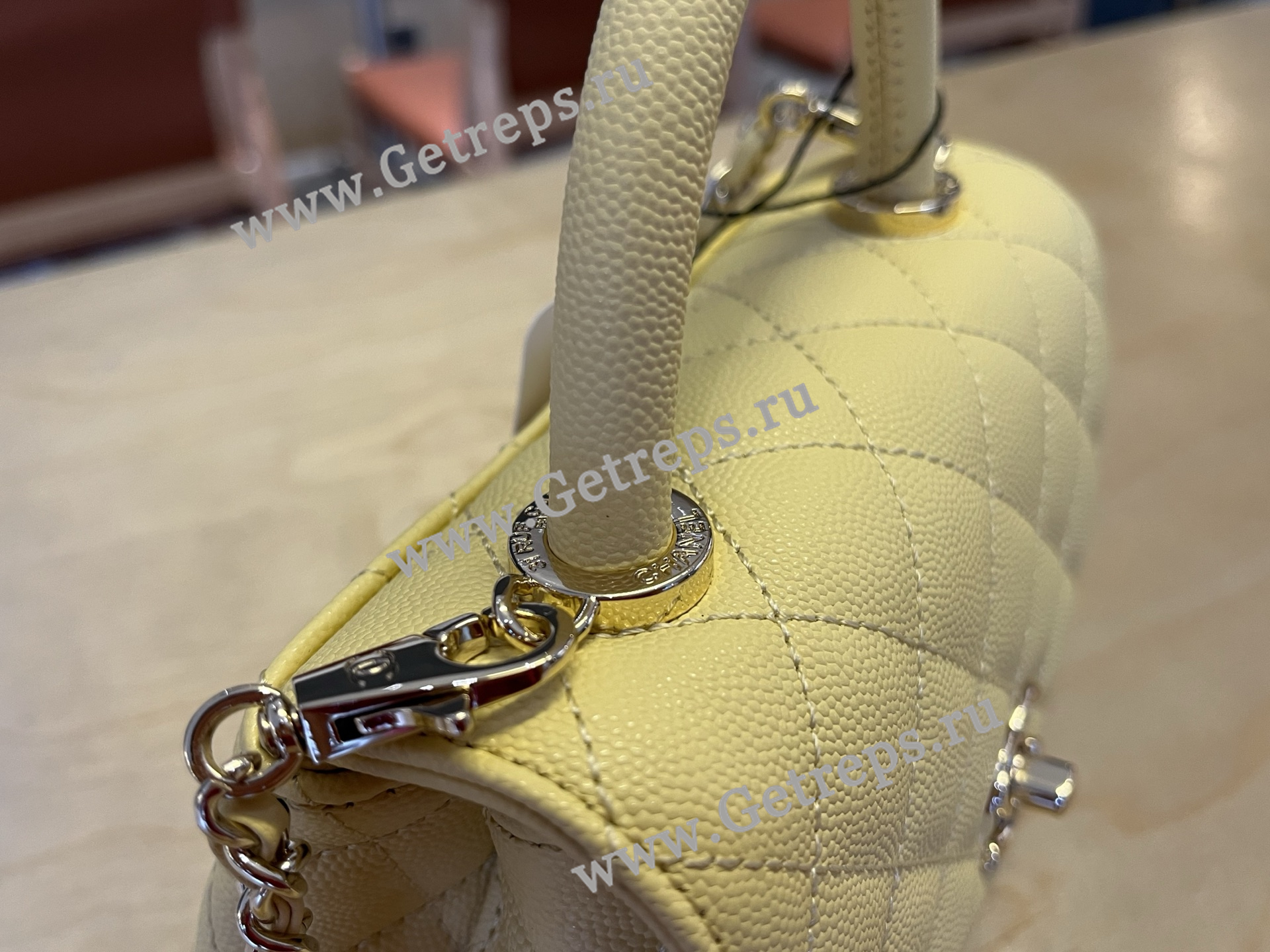 Chanel COCO Top Handle Handbag Light Yellow Grained Calfskin 19cm