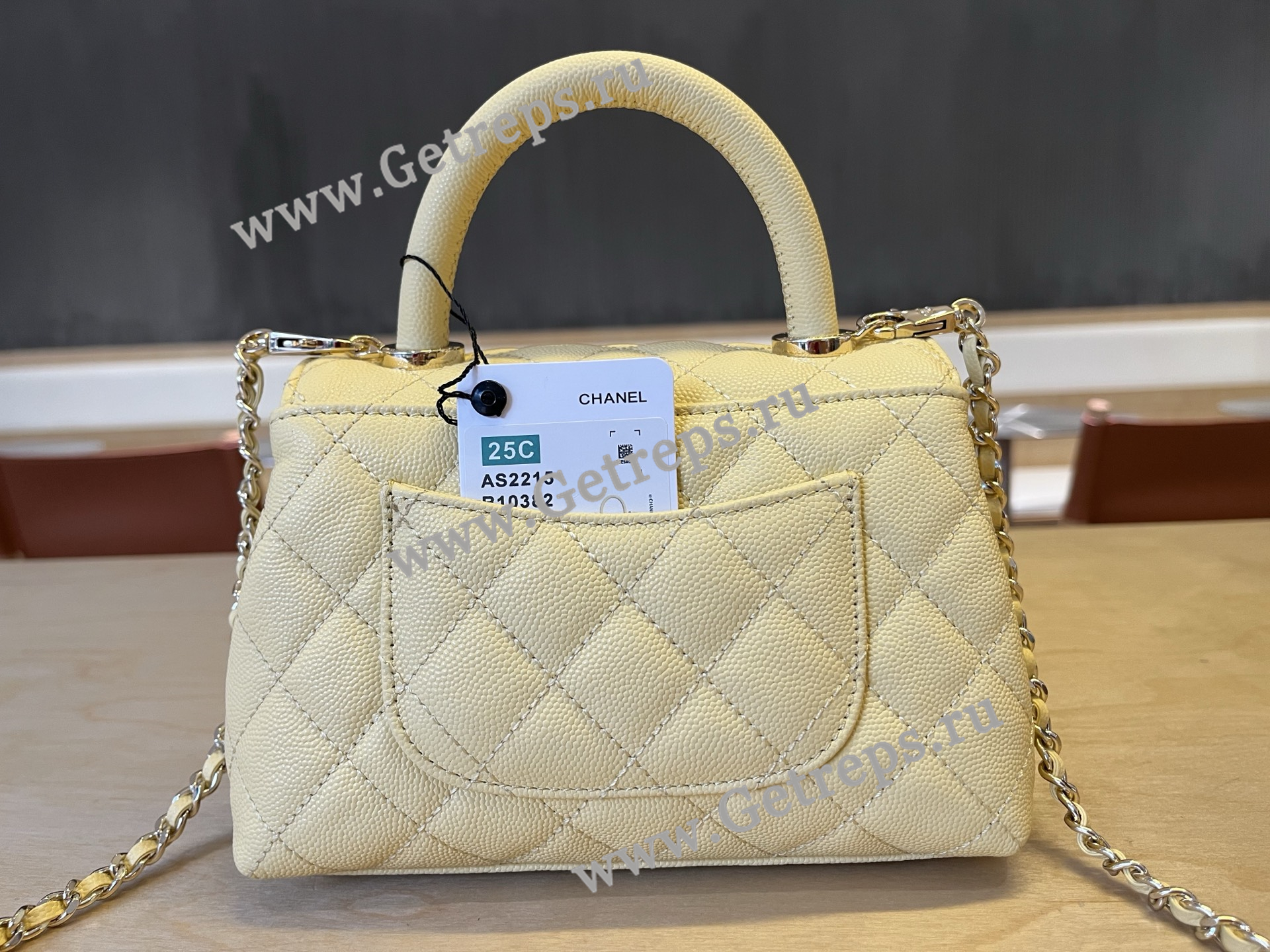 Chanel COCO Top Handle Handbag Light Yellow Grained Calfskin 19cm