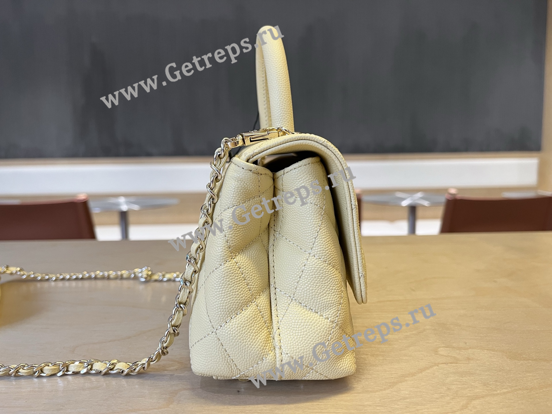 Chanel COCO Top Handle Handbag Light Yellow Grained Calfskin 19cm
