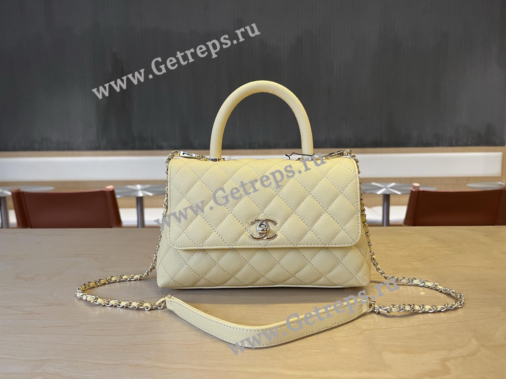Chanel COCO Top Handle Handbag Light Yellow Grained Calfskin 23cm