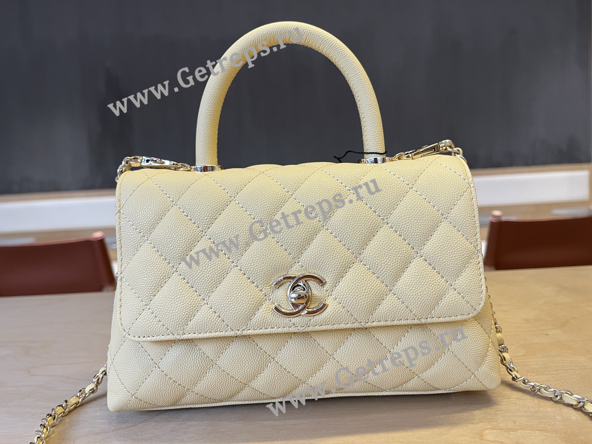 Chanel COCO Top Handle Handbag Light Yellow Grained Calfskin 23cm