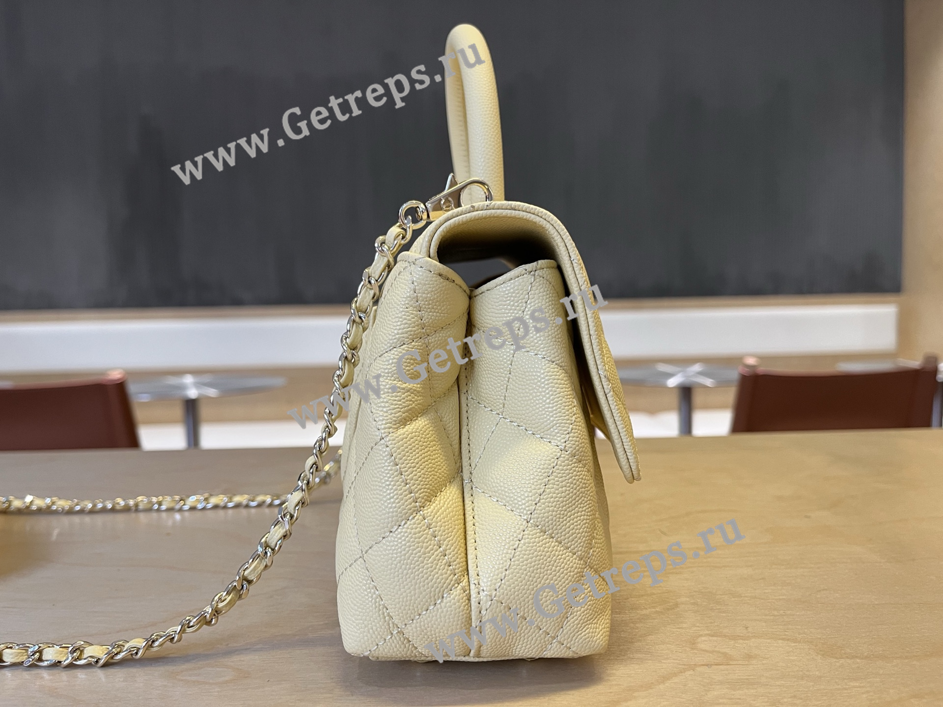 Chanel COCO Top Handle Handbag Light Yellow Grained Calfskin 23cm
