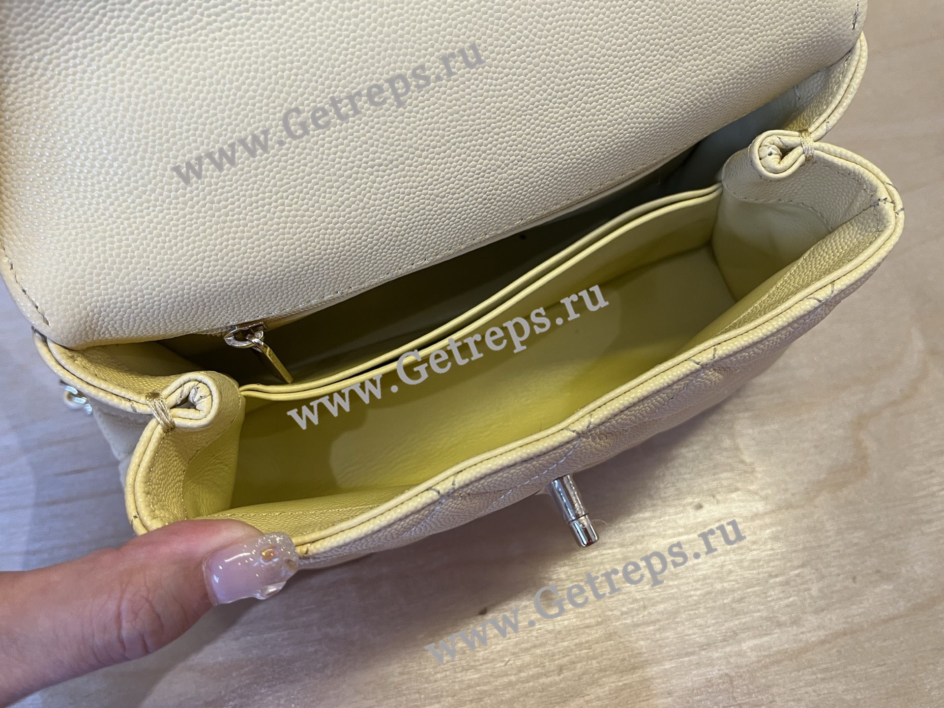 Chanel COCO Top Handle Handbag Light Yellow Grained Calfskin 23cm