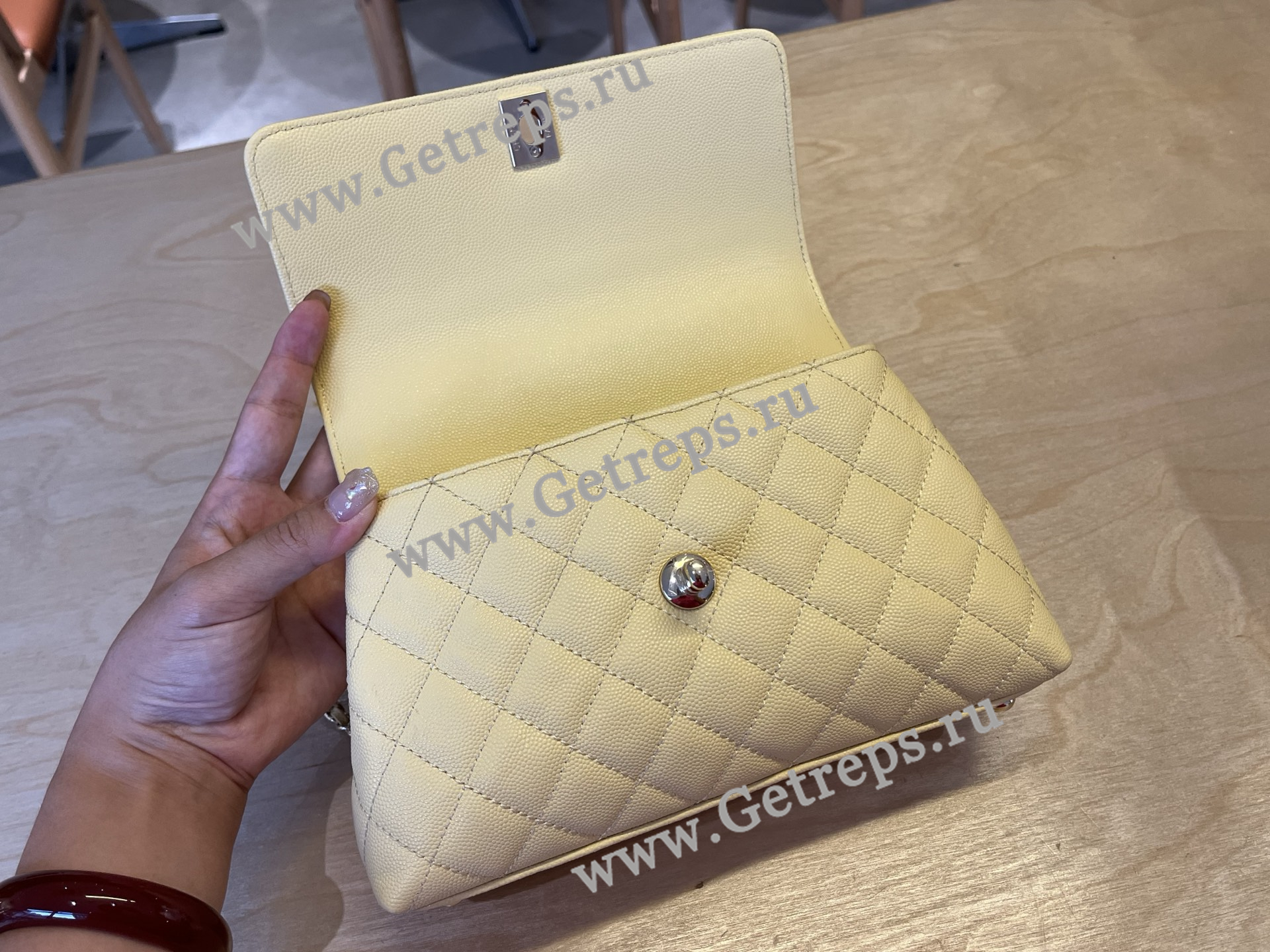 Chanel COCO Top Handle Handbag Light Yellow Grained Calfskin 23cm
