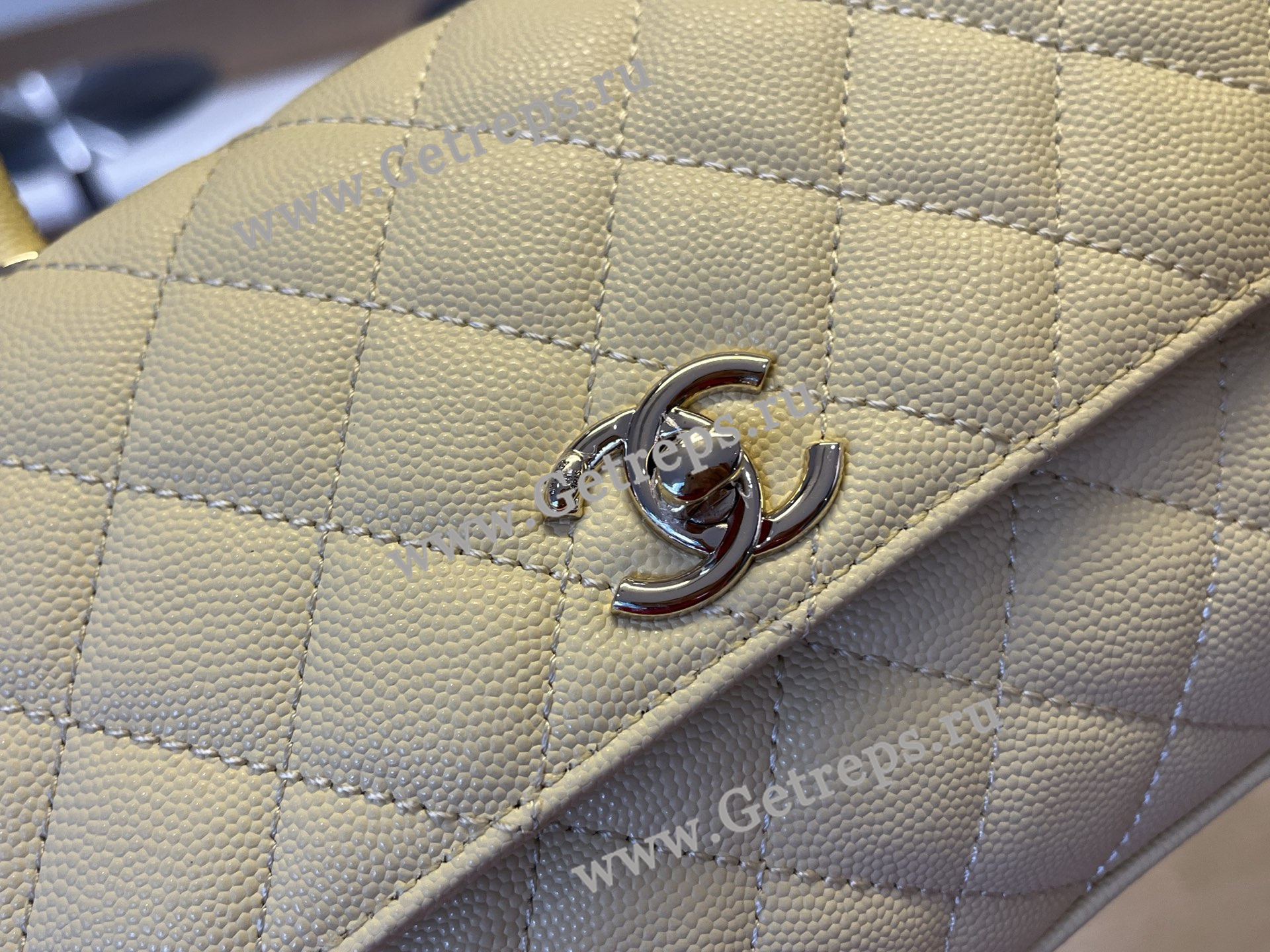 Chanel COCO Top Handle Handbag Light Yellow Grained Calfskin 23cm