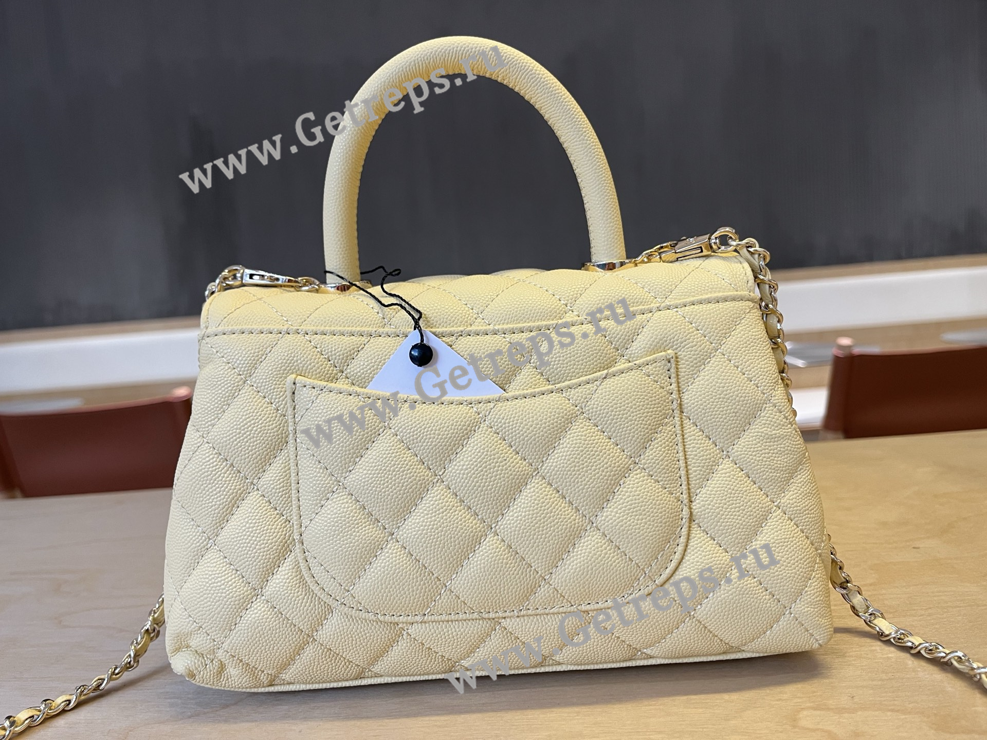 Chanel COCO Top Handle Handbag Light Yellow Grained Calfskin 23cm