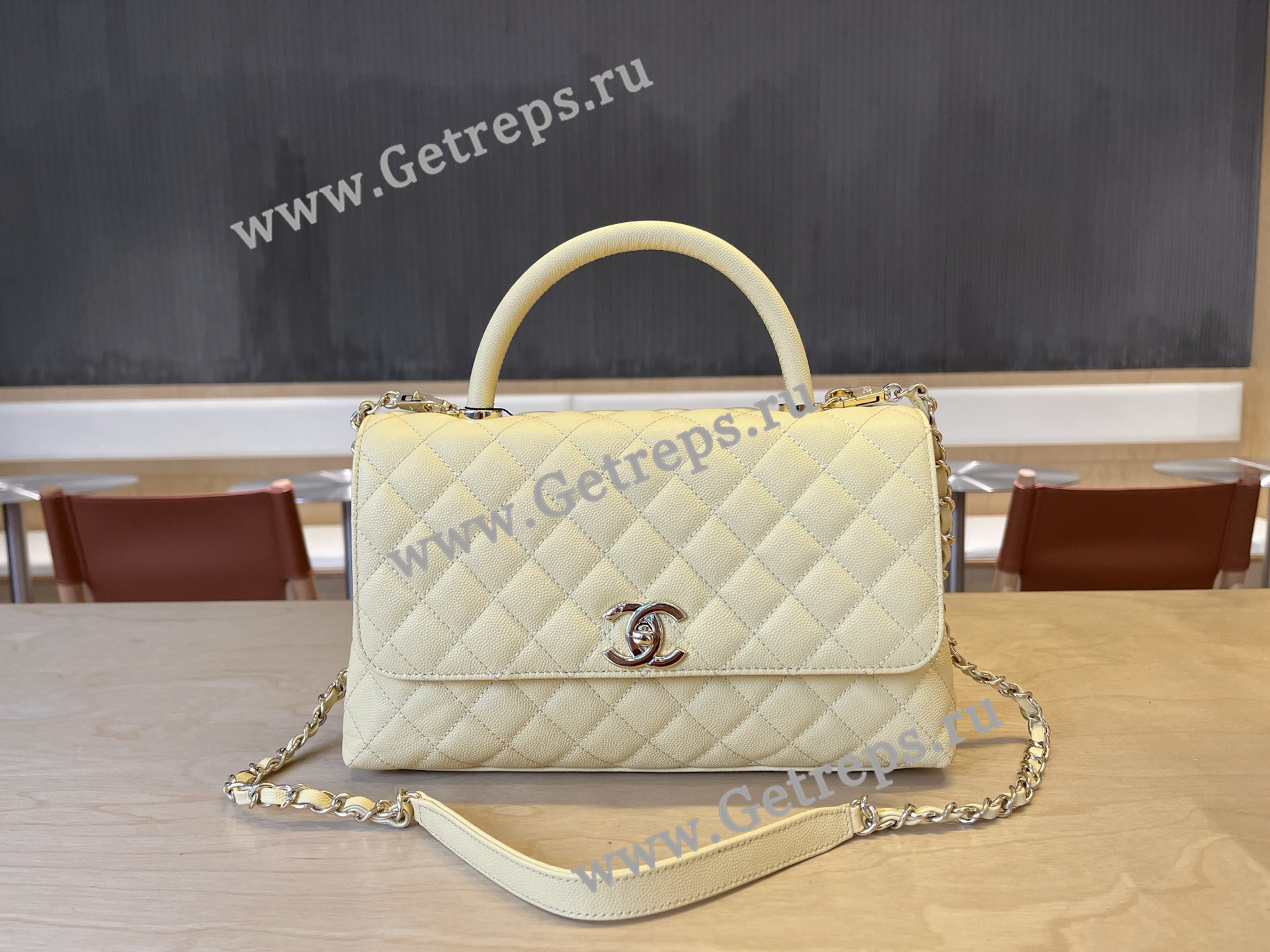 Chanel COCO Top Handle Handbag Light Yellow Grained Calfskin 28cm