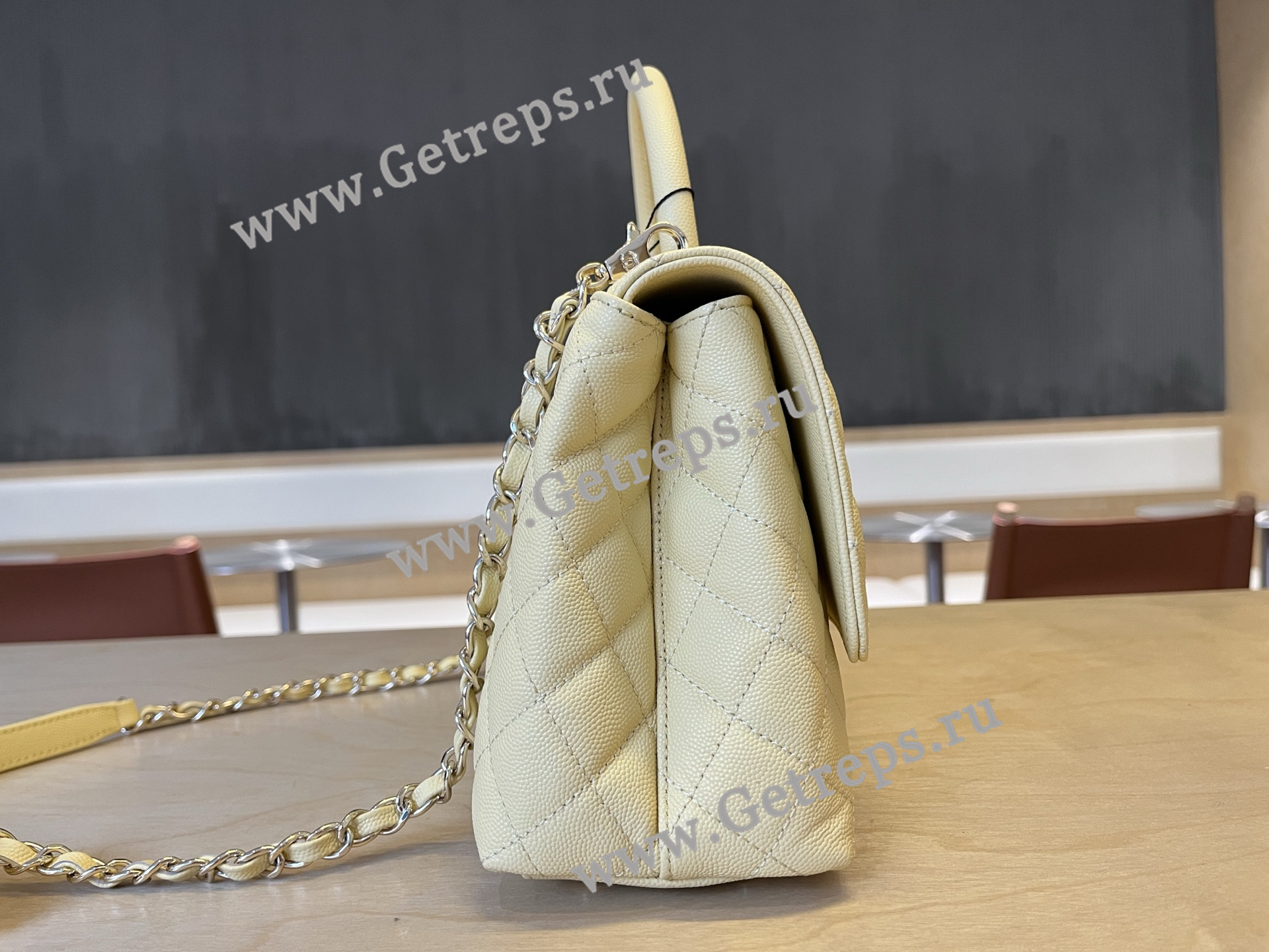 Chanel COCO Top Handle Handbag Light Yellow Grained Calfskin 28cm