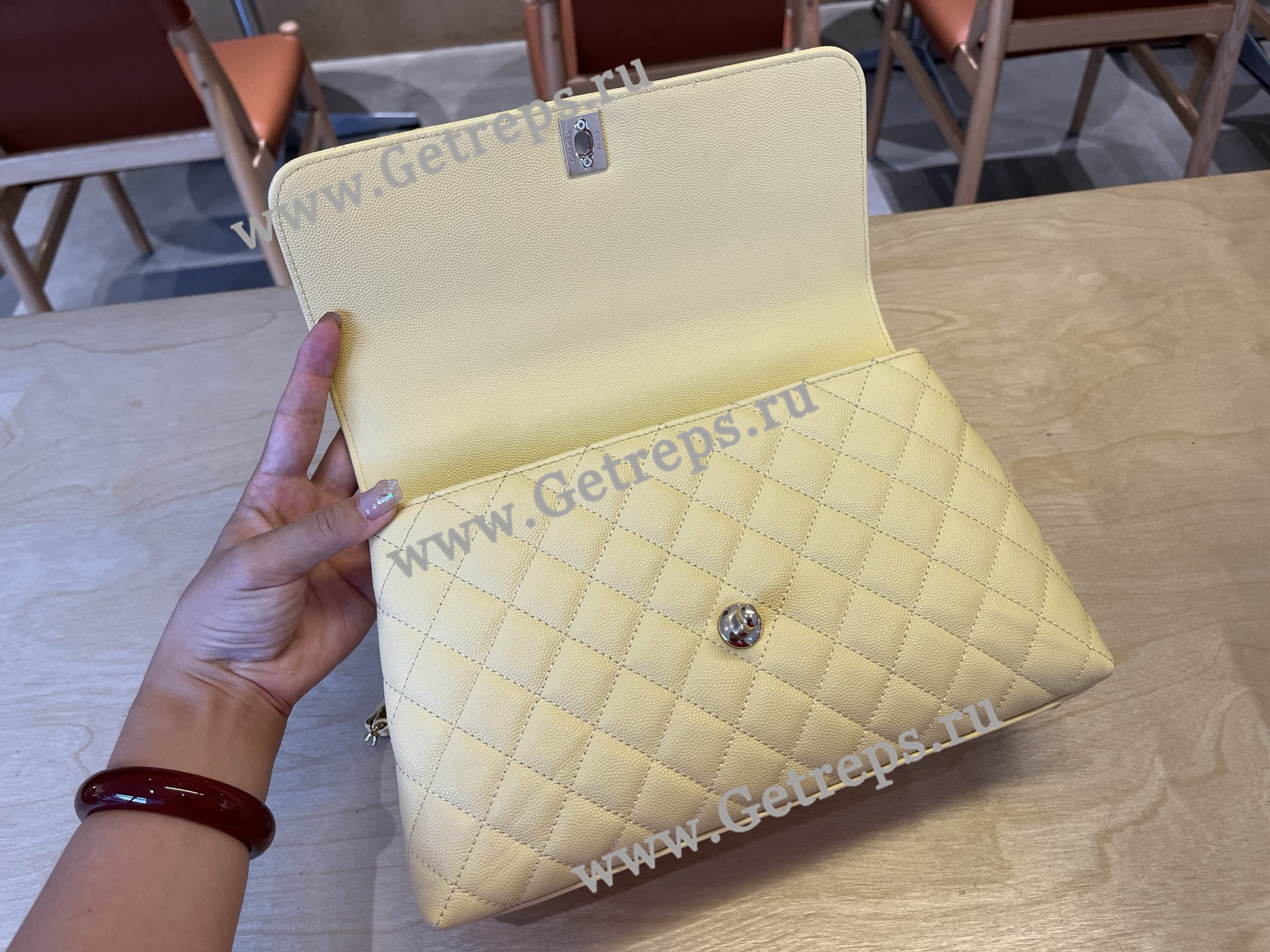 Chanel COCO Top Handle Handbag Light Yellow Grained Calfskin 28cm