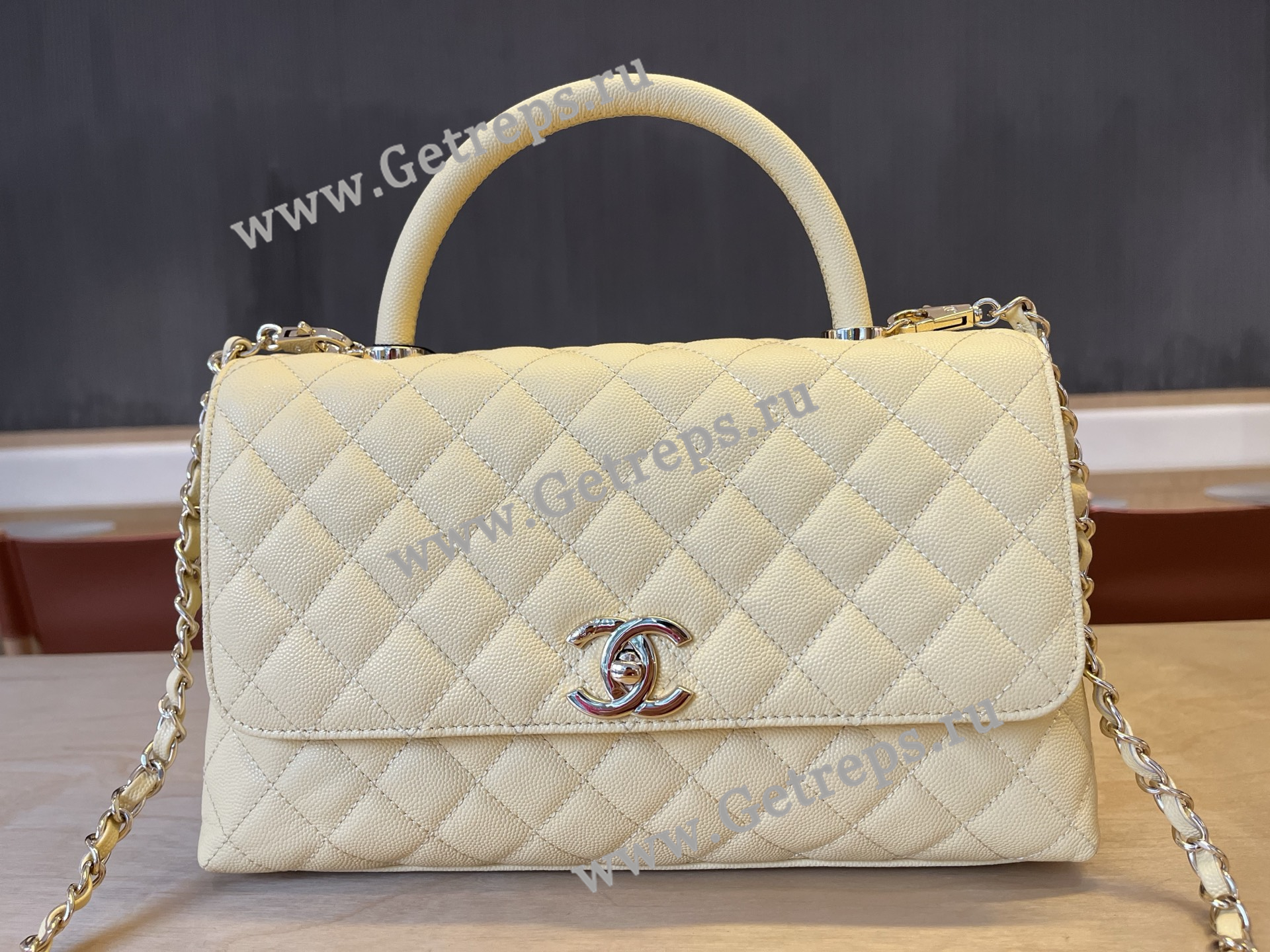 Chanel COCO Top Handle Handbag Light Yellow Grained Calfskin 28cm