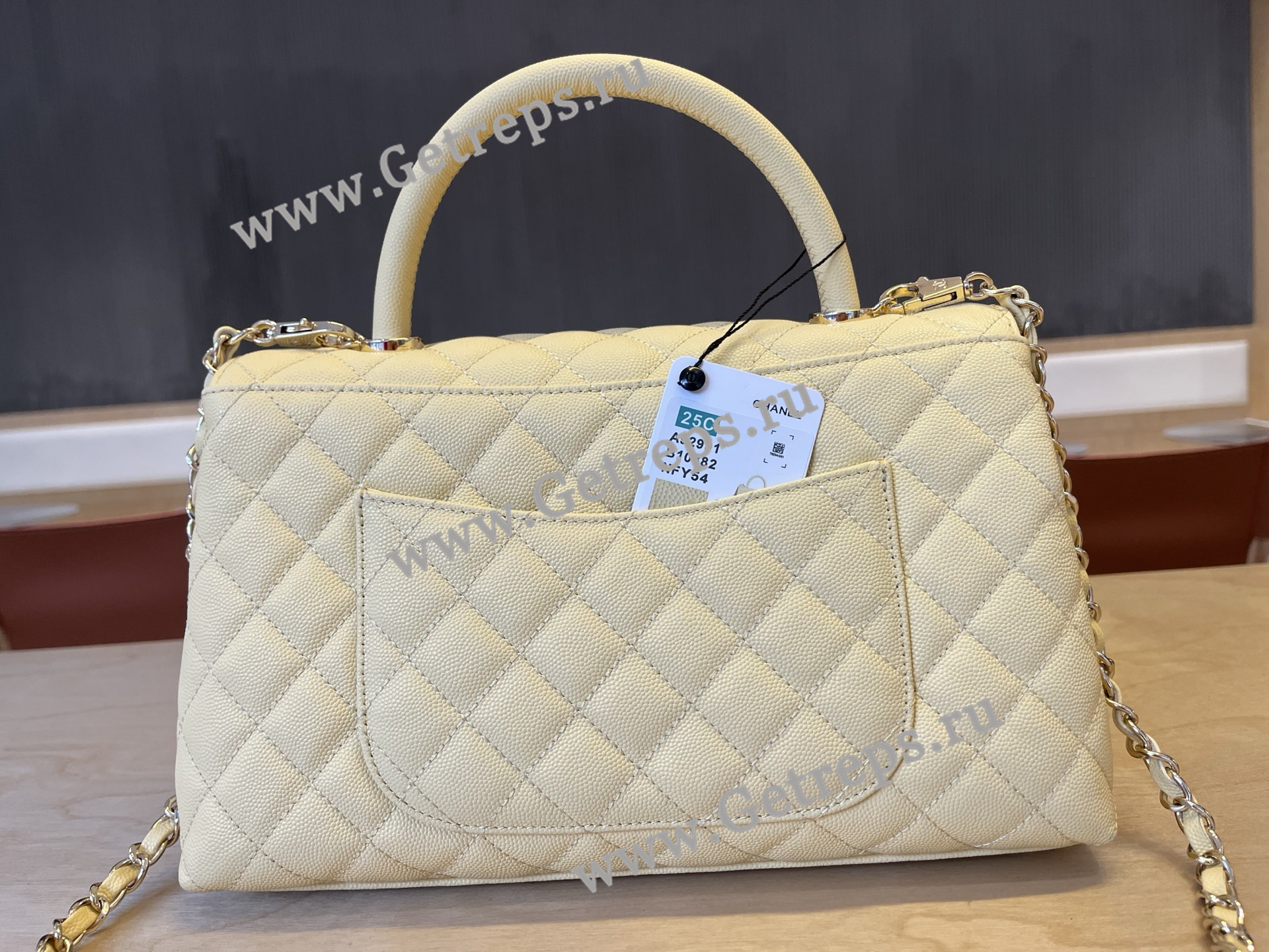 Chanel COCO Top Handle Handbag Light Yellow Grained Calfskin 28cm
