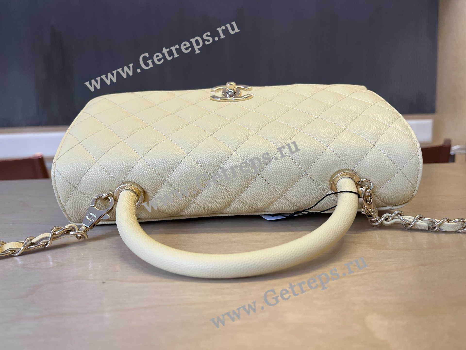 Chanel COCO Top Handle Handbag Light Yellow Grained Calfskin 28cm