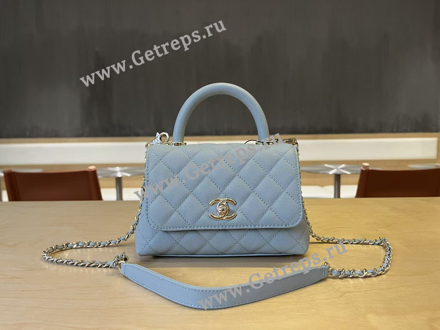 Chanel COCO Top Handle Handbag Medium Blue Grained Calfskin 19cm