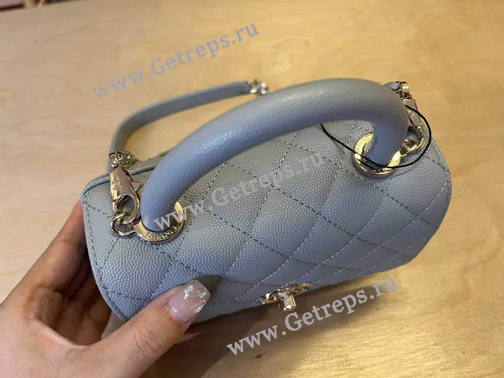 Chanel COCO Top Handle Handbag Medium Blue Grained Calfskin 19cm