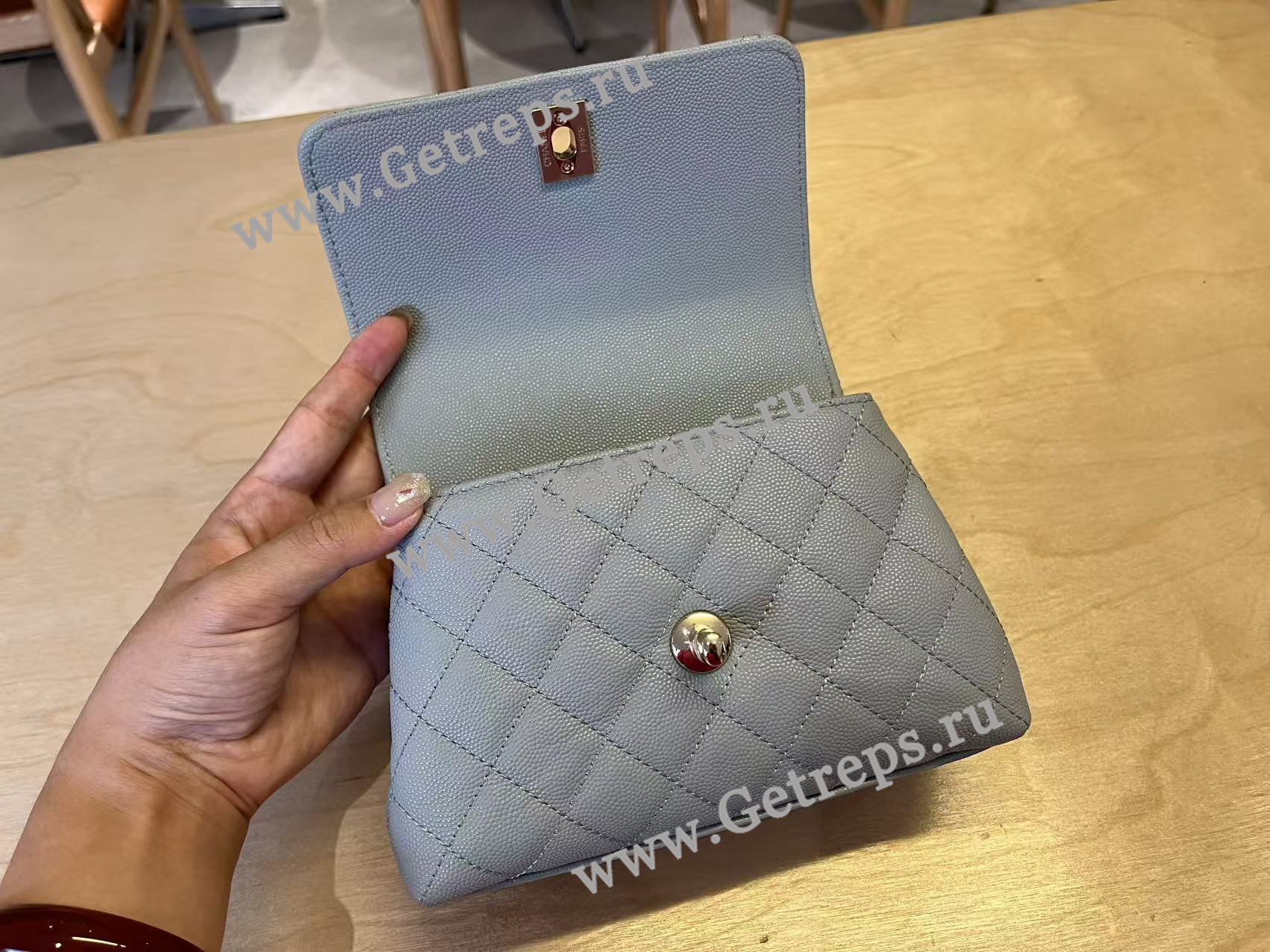 Chanel COCO Top Handle Handbag Medium Blue Grained Calfskin 19cm