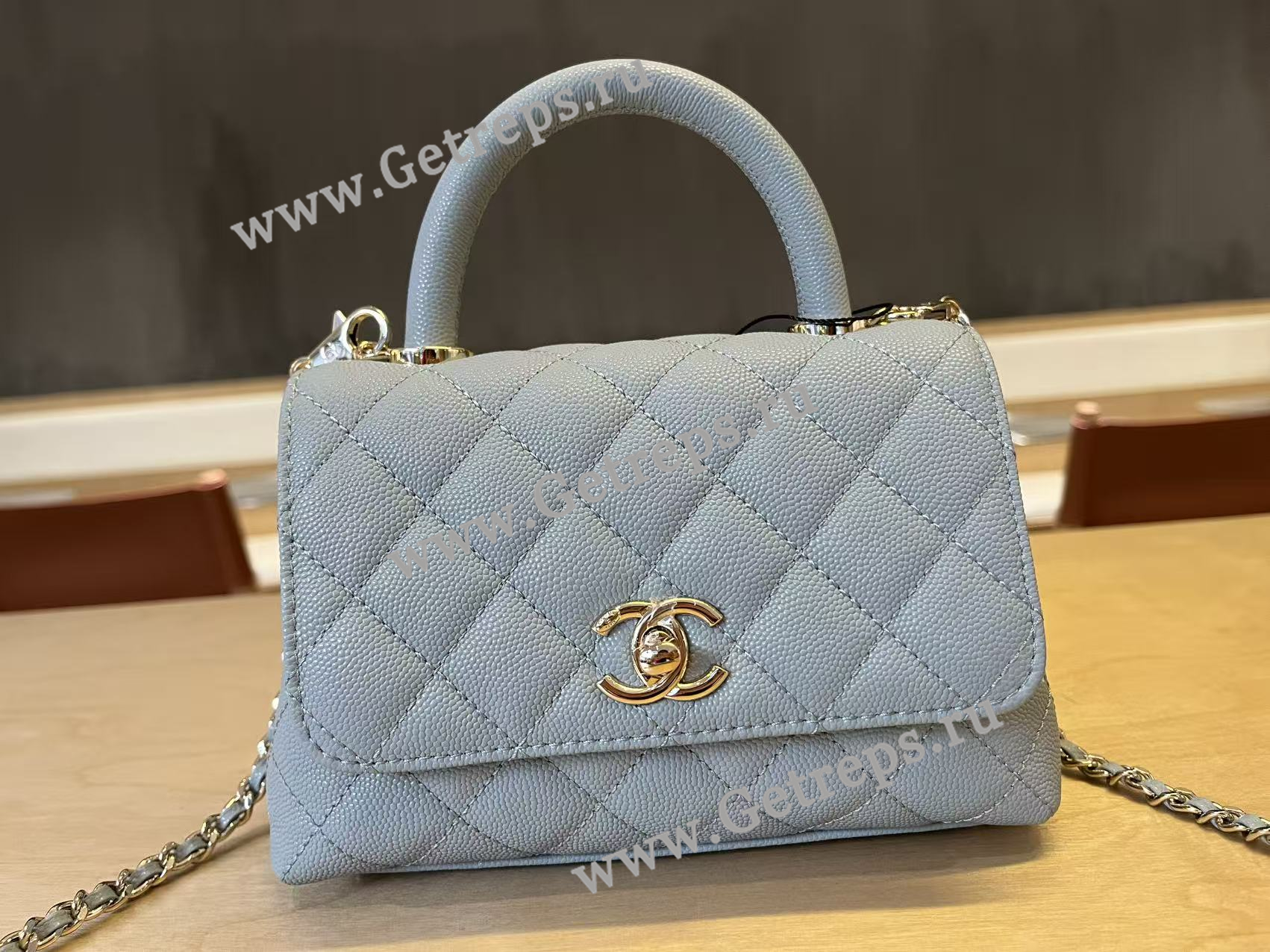 Chanel COCO Top Handle Handbag Medium Blue Grained Calfskin 19cm