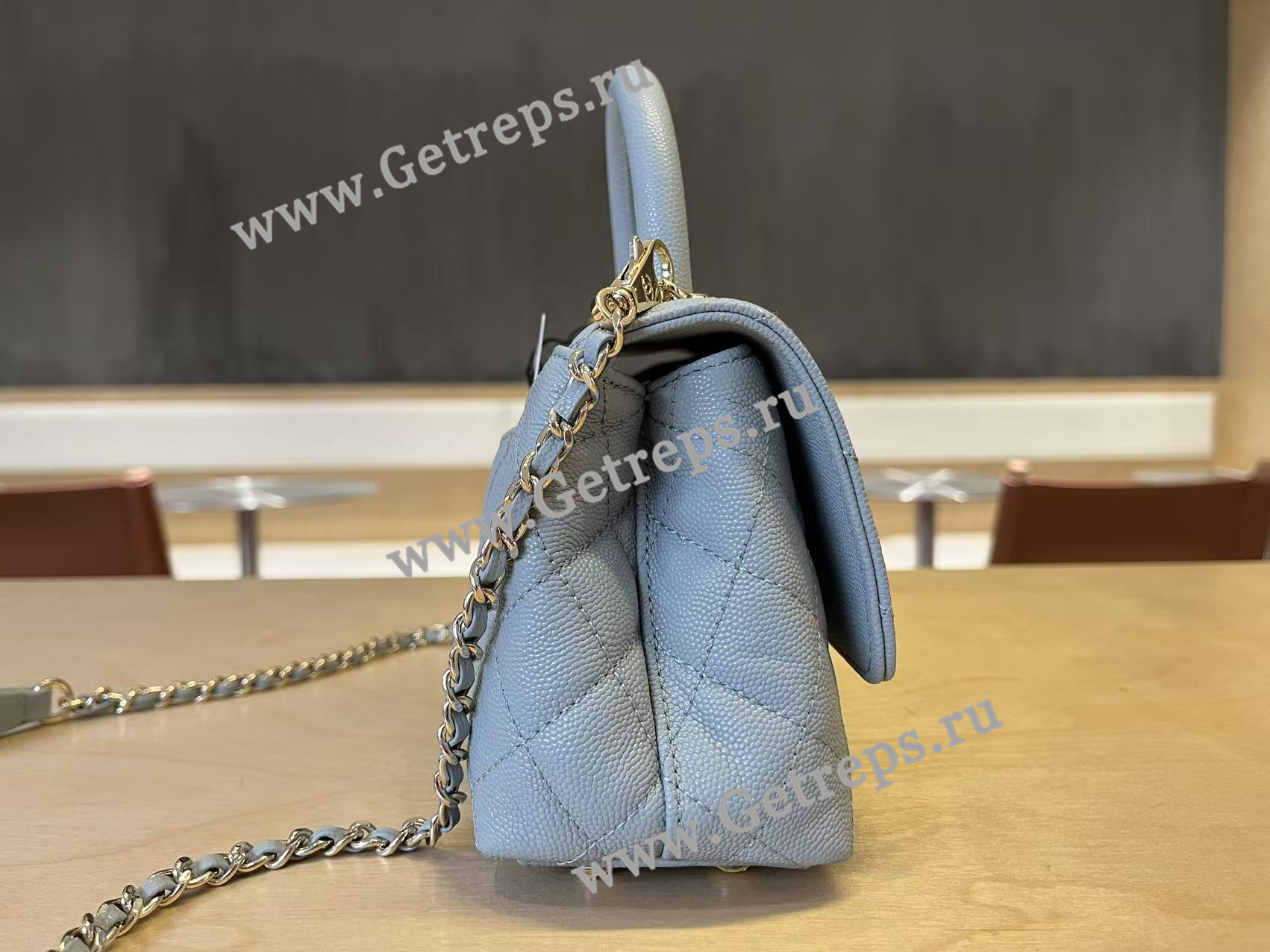 Chanel COCO Top Handle Handbag Medium Blue Grained Calfskin 19cm