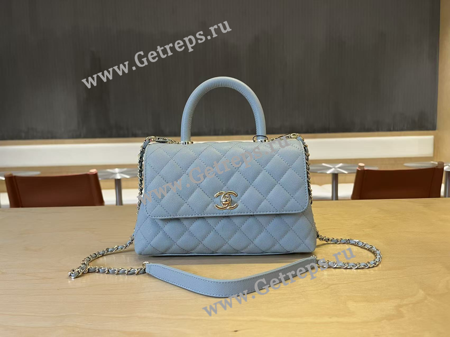 Chanel COCO Top Handle Handbag Medium Blue Grained Calfskin 23cm