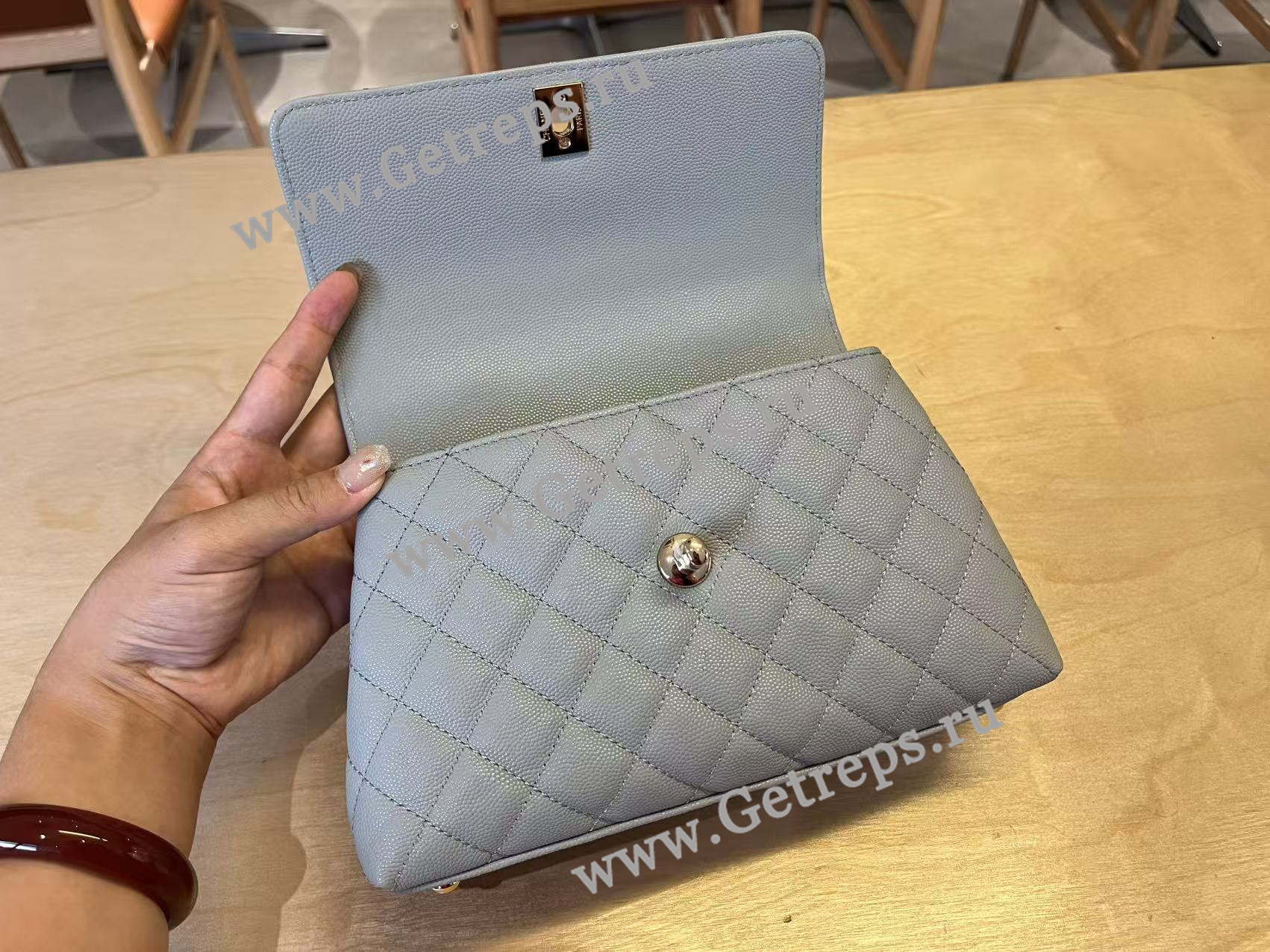 Chanel COCO Top Handle Handbag Medium Blue Grained Calfskin 23cm