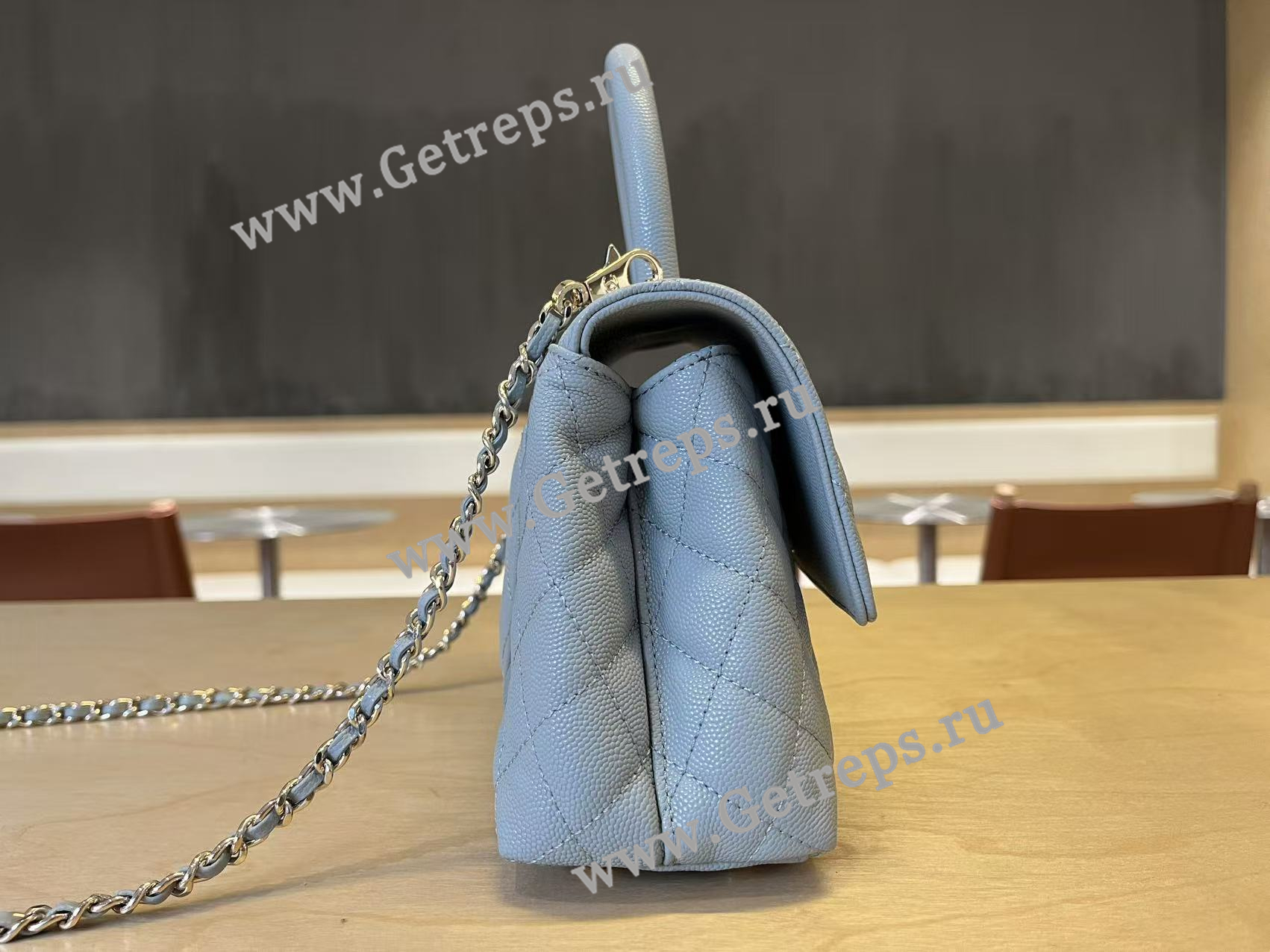 Chanel COCO Top Handle Handbag Medium Blue Grained Calfskin 23cm