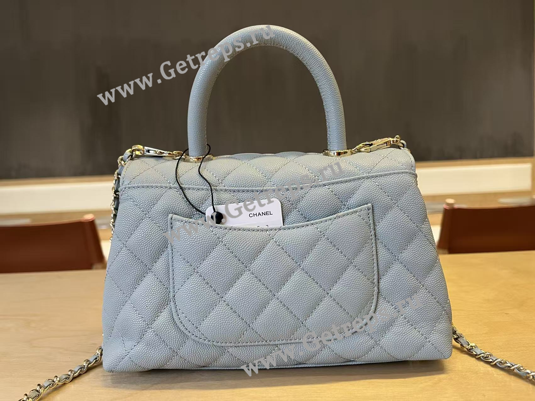 Chanel COCO Top Handle Handbag Medium Blue Grained Calfskin 23cm