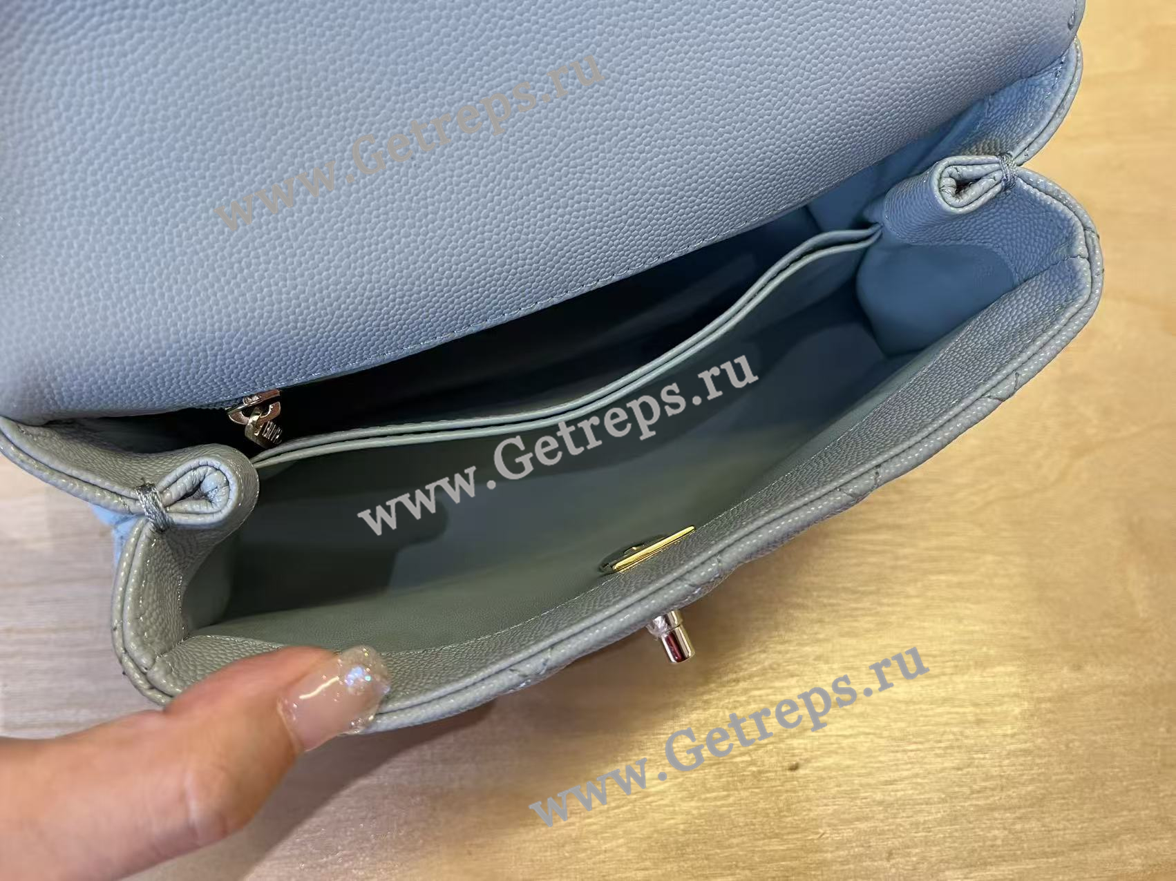 Chanel COCO Top Handle Handbag Medium Blue Grained Calfskin 23cm