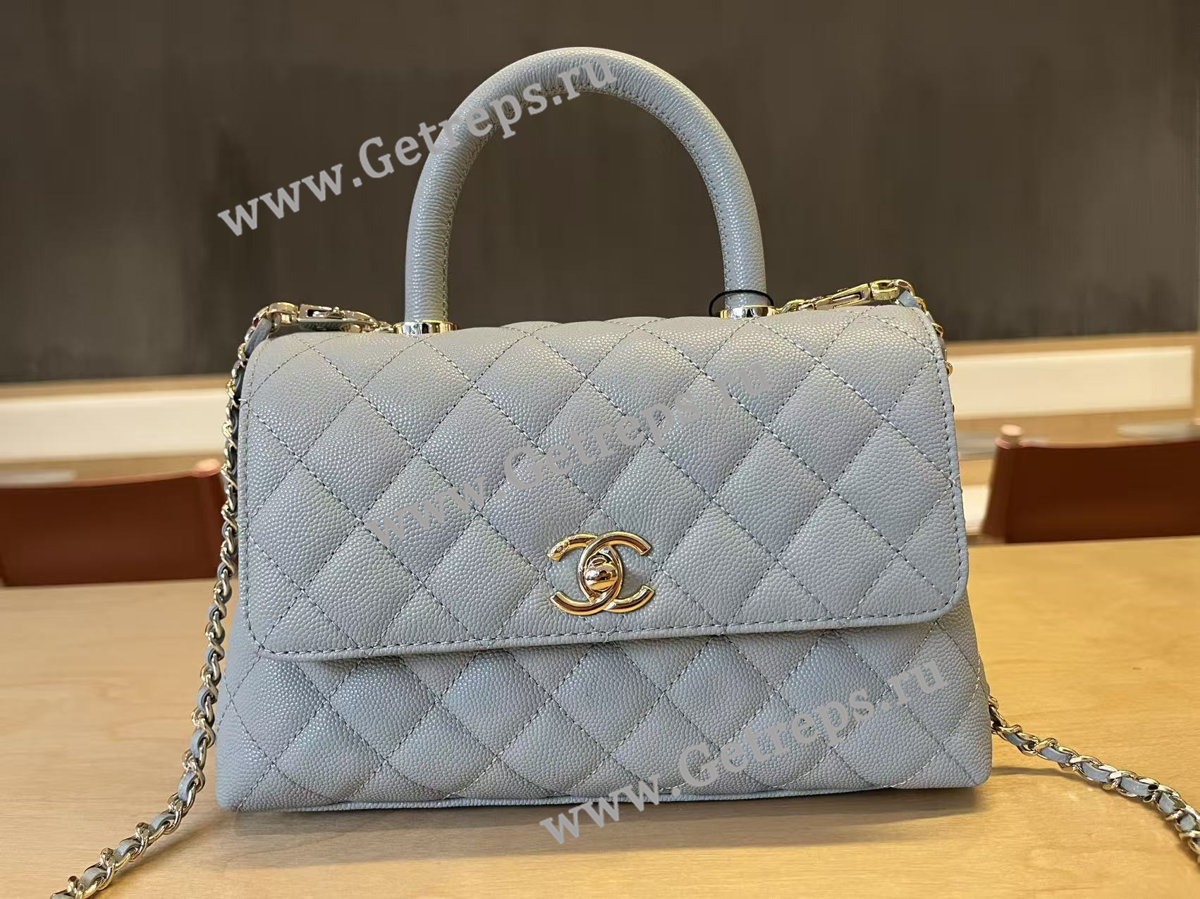 Chanel COCO Top Handle Handbag Medium Blue Grained Calfskin 23cm