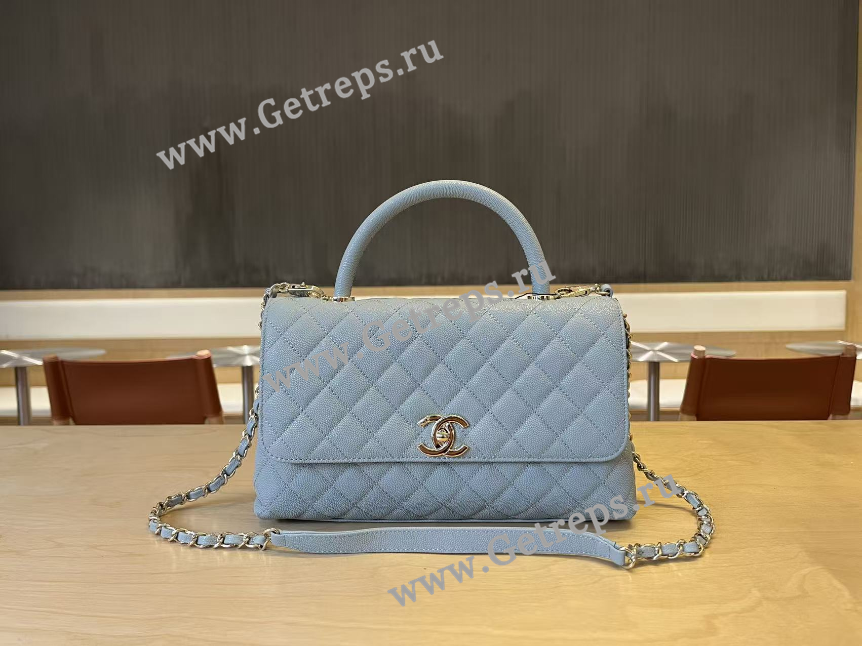 Chanel COCO Top Handle Handbag Medium Blue Grained Calfskin 28cm