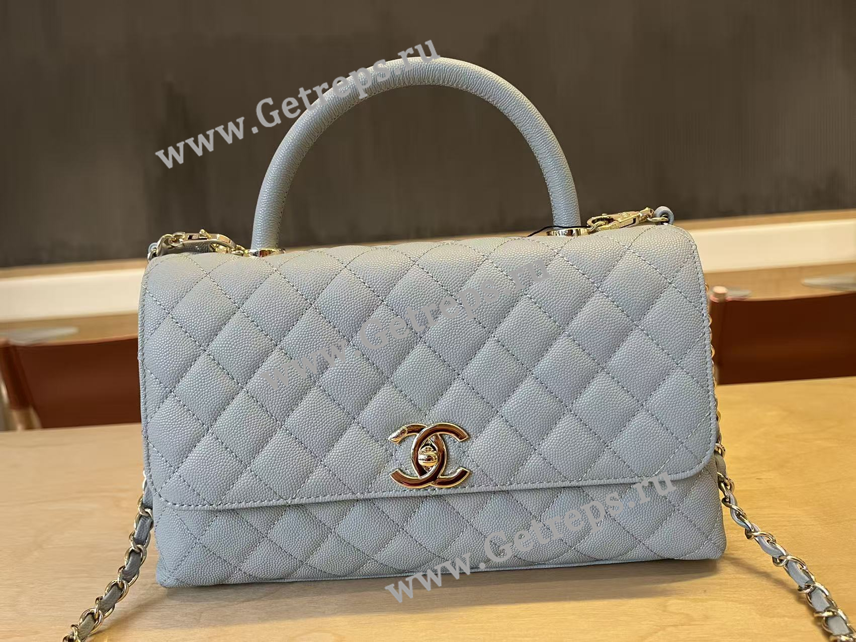 Chanel COCO Top Handle Handbag Medium Blue Grained Calfskin 28cm