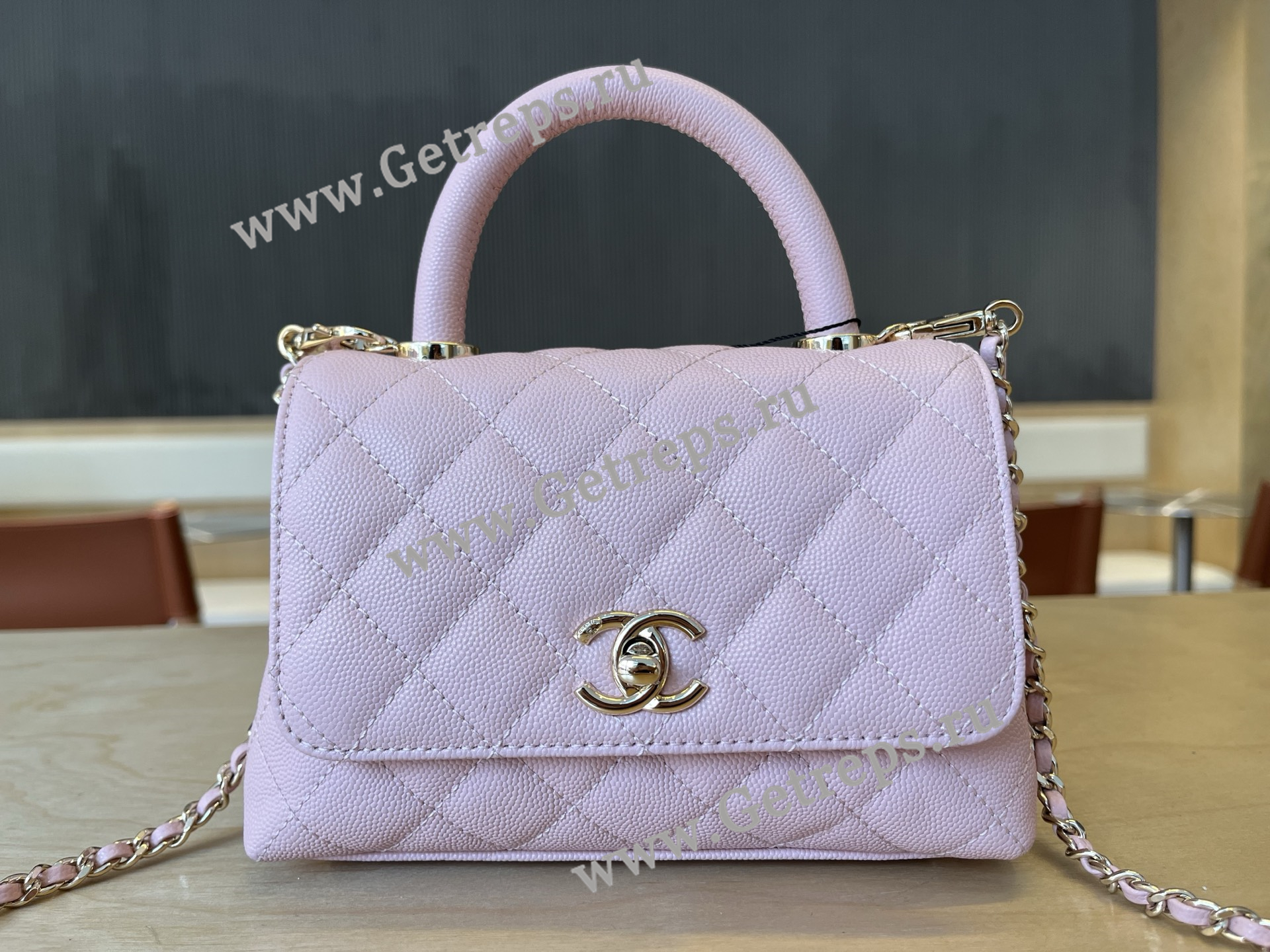 Chanel COCO Top Handle Handbag Pink Grained Calfskin 19cm