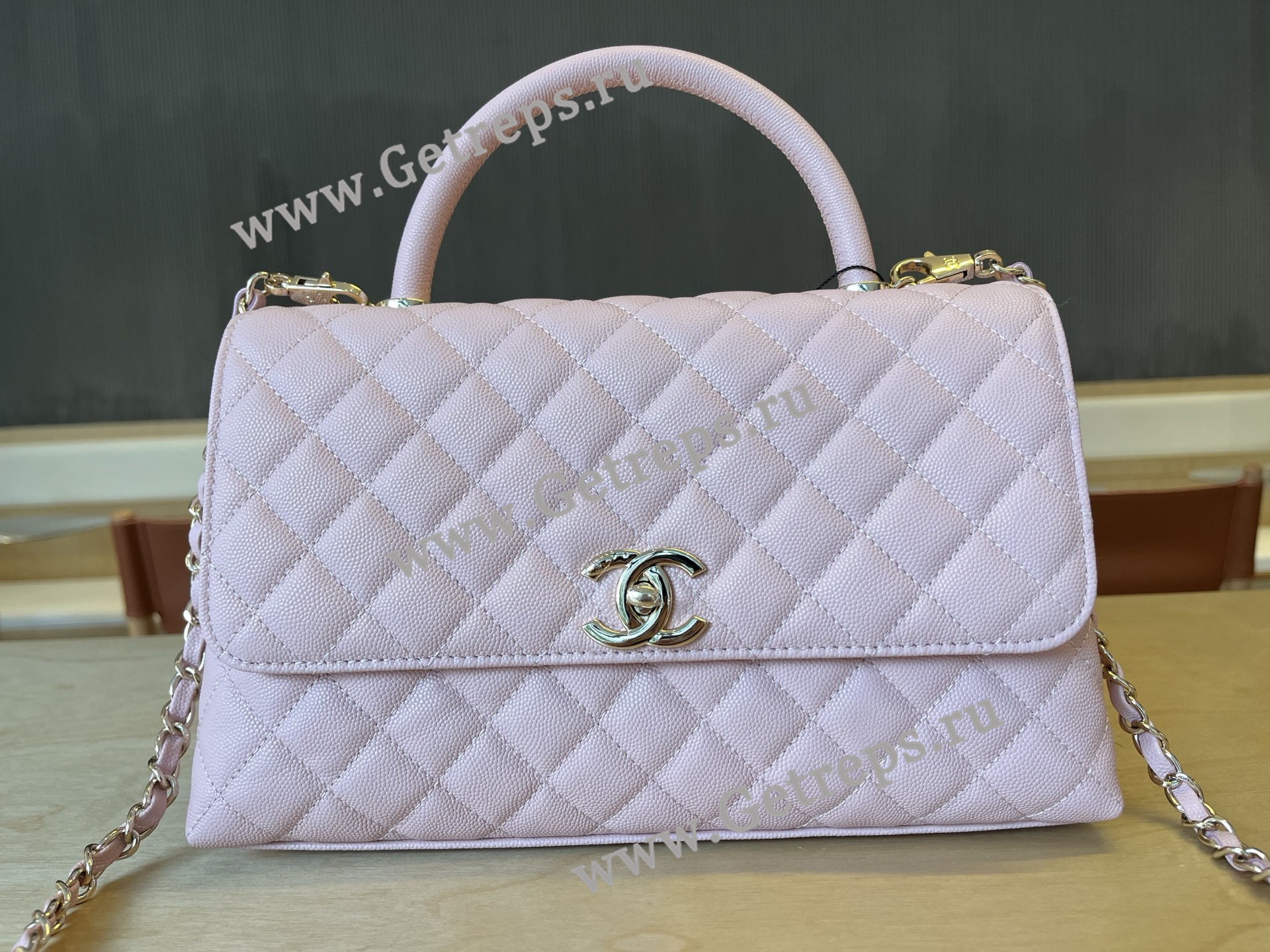 Chanel COCO Top Handle Handbag Pink Grained Calfskin 28cm