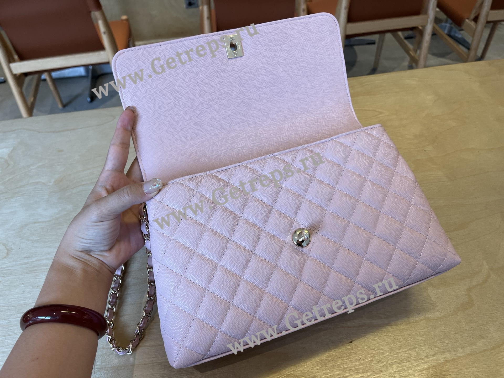 Chanel COCO Top Handle Handbag Pink Grained Calfskin 28cm