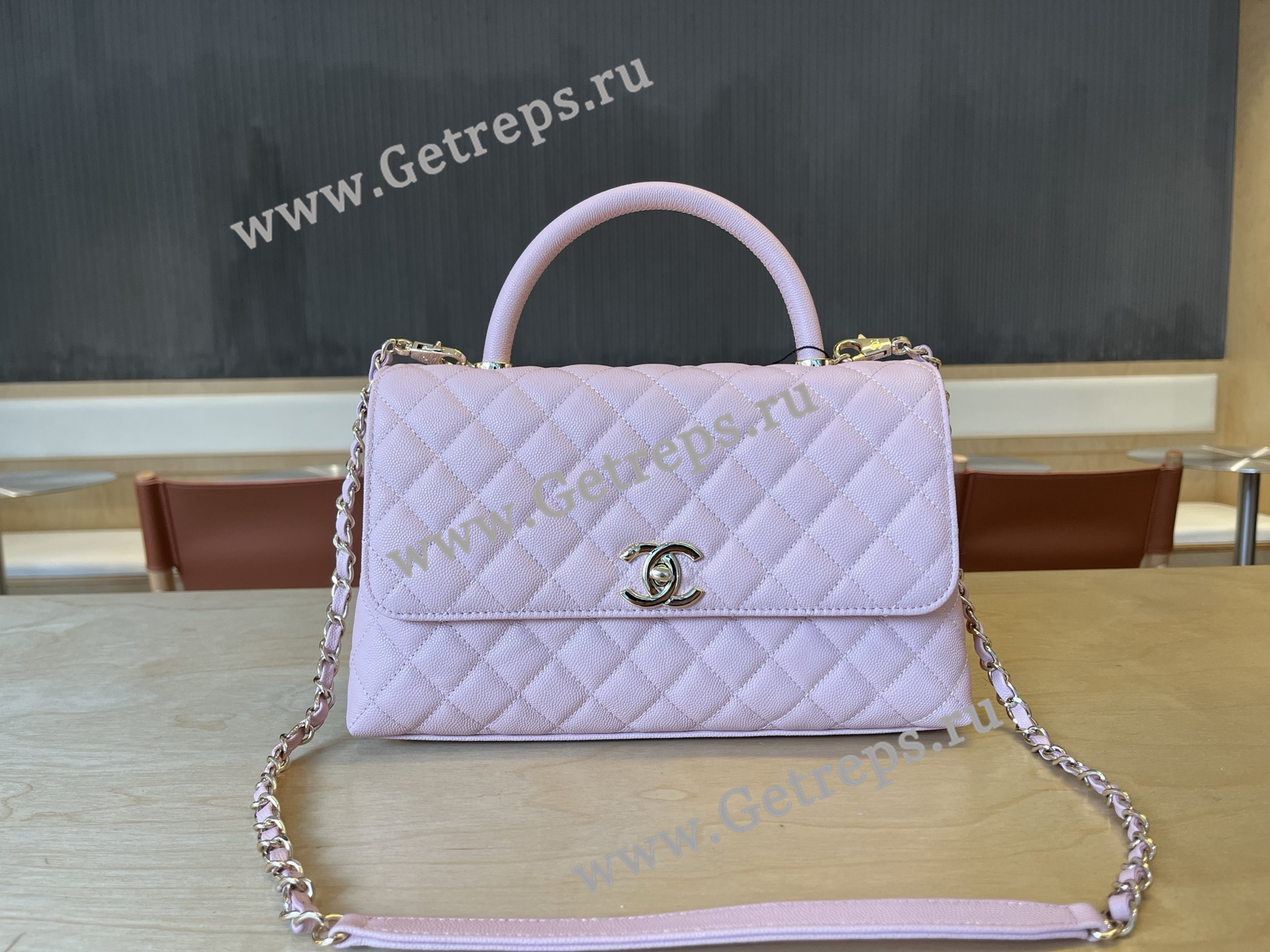 Chanel COCO Top Handle Handbag Pink Grained Calfskin 28cm