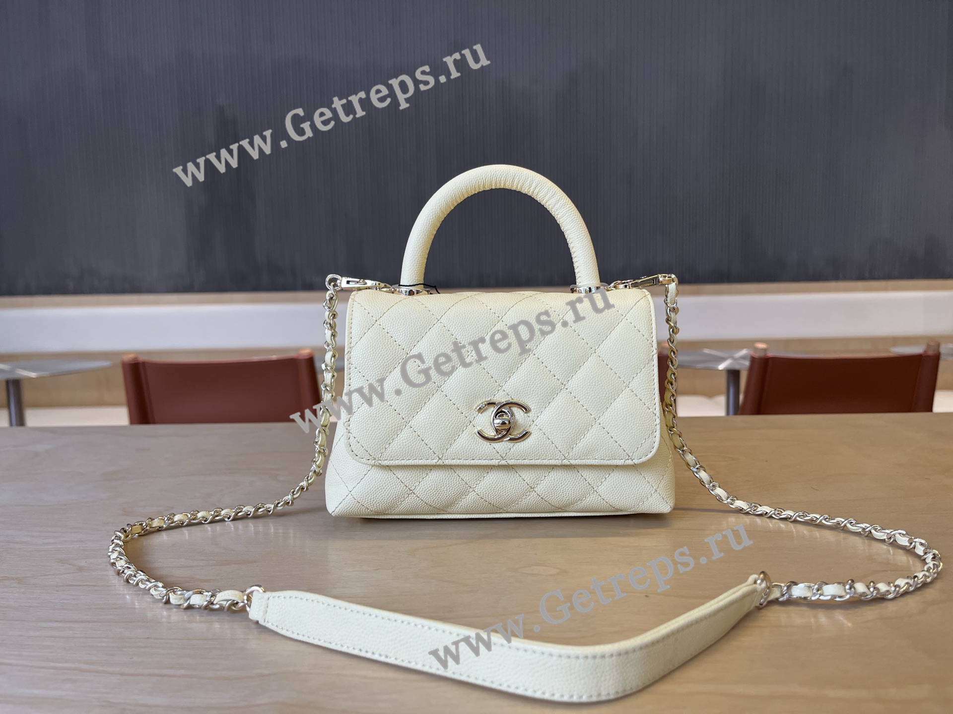 Chanel COCO Top Handle Handbag White Grained Calfskin 19cm