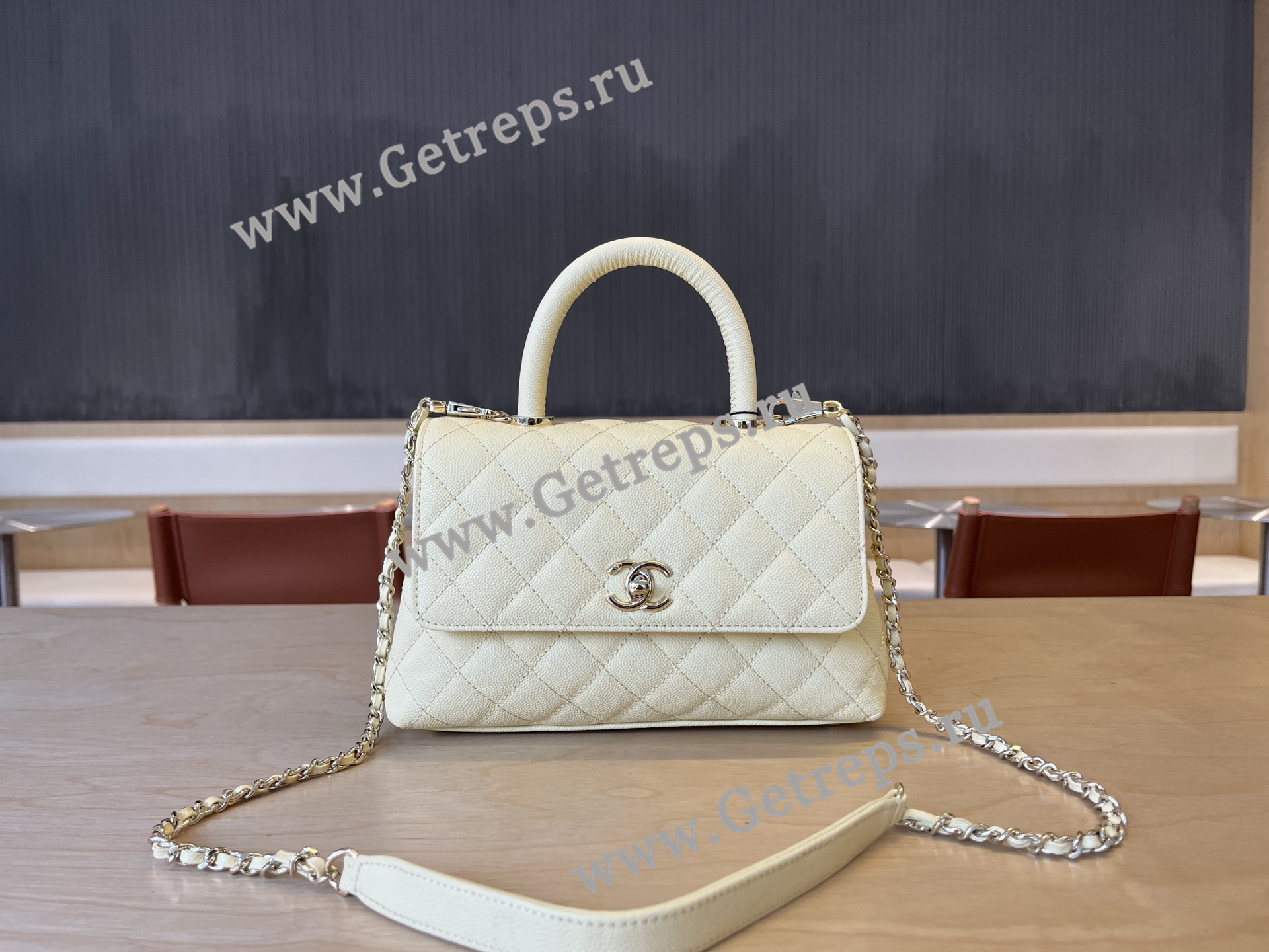 Chanel COCO Top Handle Handbag White Grained Calfskin 23cm