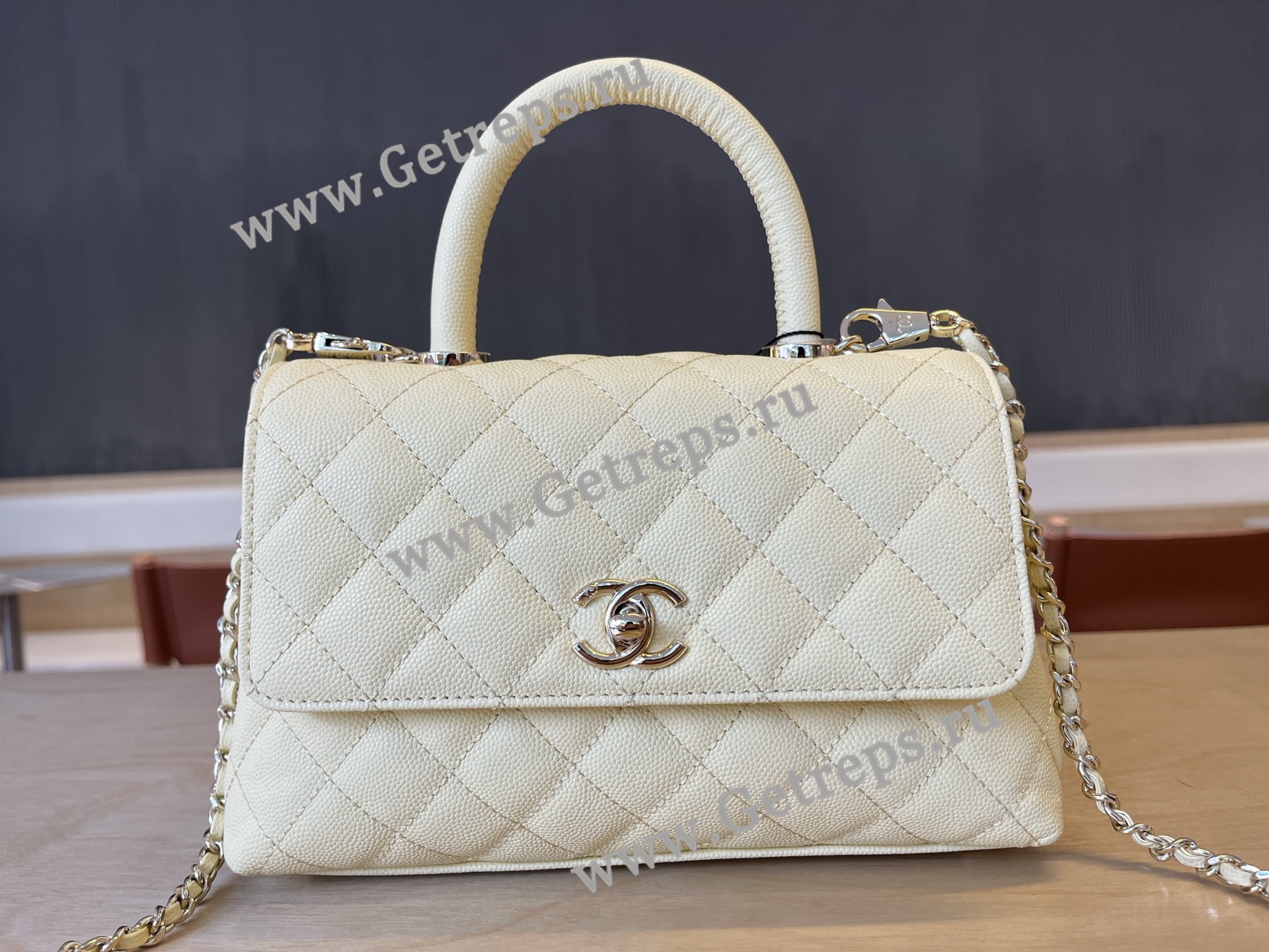 Chanel COCO Top Handle Handbag White Grained Calfskin 23cm