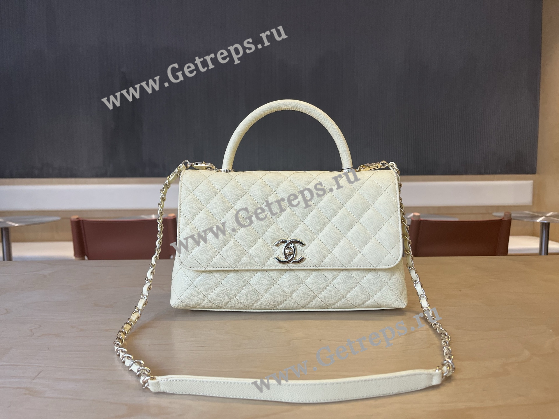 Chanel COCO Top Handle Handbag White Grained Calfskin 28cm
