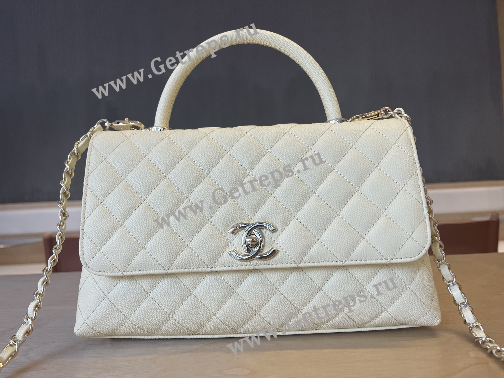 Chanel COCO Top Handle Handbag White Grained Calfskin 28cm
